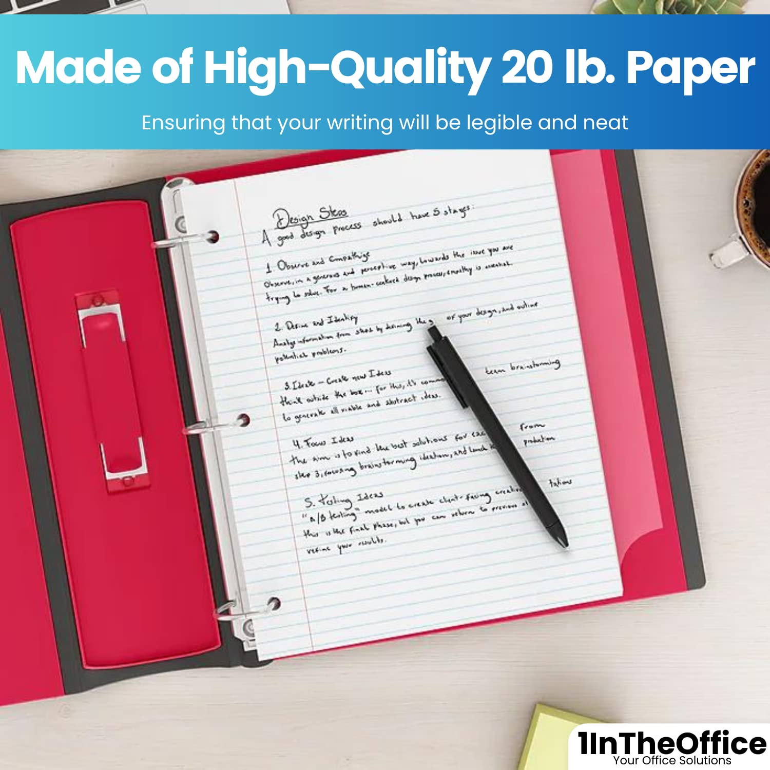 1InTheOffice Loose Leaf Paper College Ruled - 200 Sheets Letter Size, 3 Hole Punched for 3 Ring Binder, Lined Filler Paper for School, Office & Note Taking - Perfect for Students, Teachers & Professionals