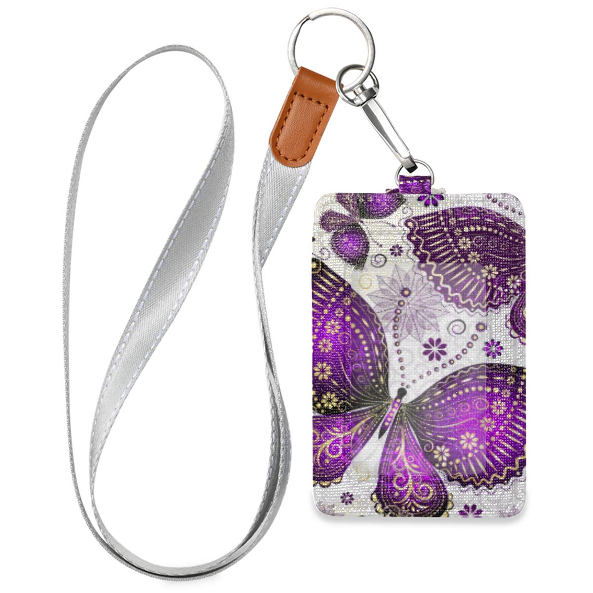 VIKKO Stylish Purple Violet Butterfly Floral Badge Holder - PU Leather ID Card Case Wallet with Adjustable Neck Lanyard & Key Ring - Perfect for Nurses, Teachers, Office Workers & Event Staff