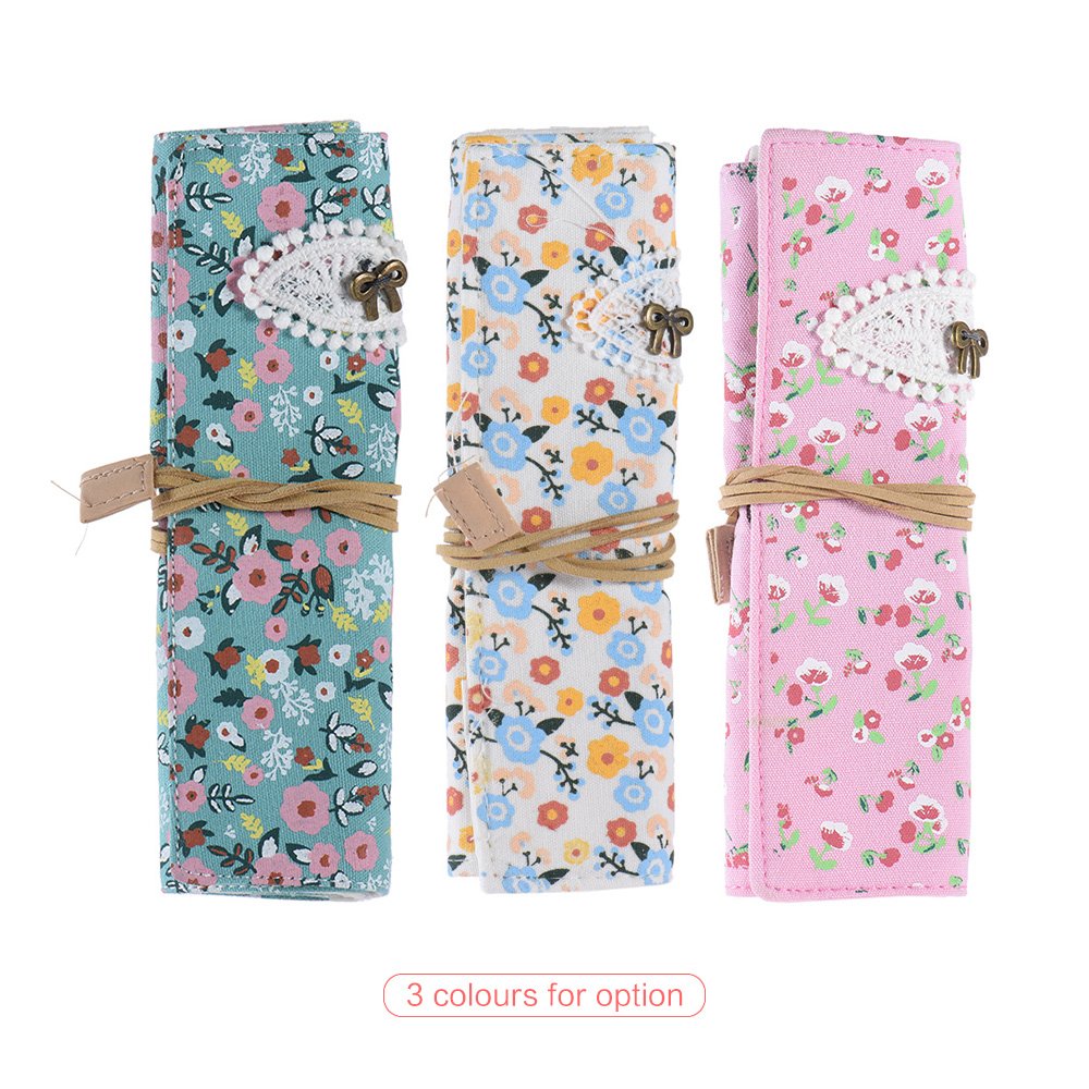 Flower Print Canvas Roll-Up Makeup Brush & Pencil Pouch - Portable Cosmetic Organizer for Girls, Students - Perfect for Travel, School & Everyday Use