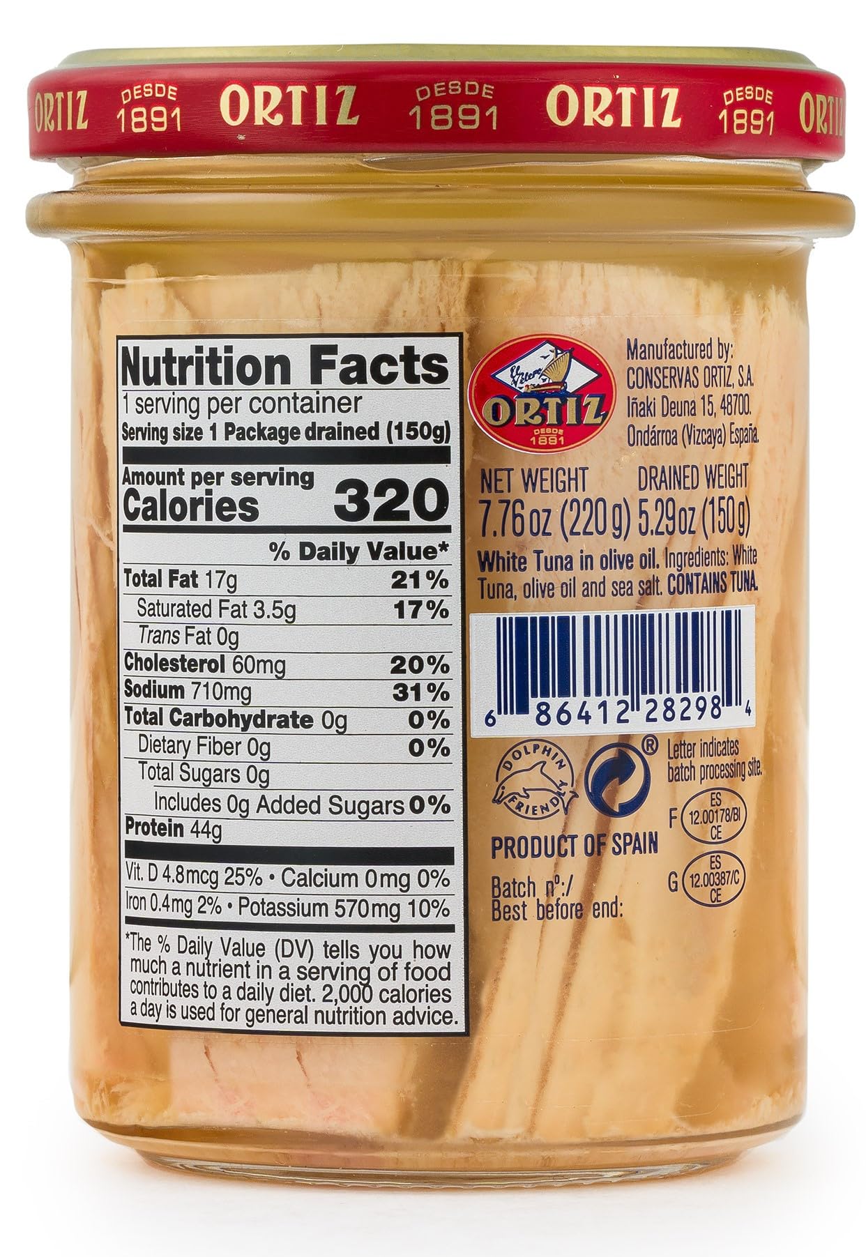 Premium Ortiz Tuna in Olive Oil - 7.76oz Glass Jar (220g) | High-Quality Spanish White Tuna | Perfect for Salads, Sandwiches & Tapas | Gourmet Pantry Staple