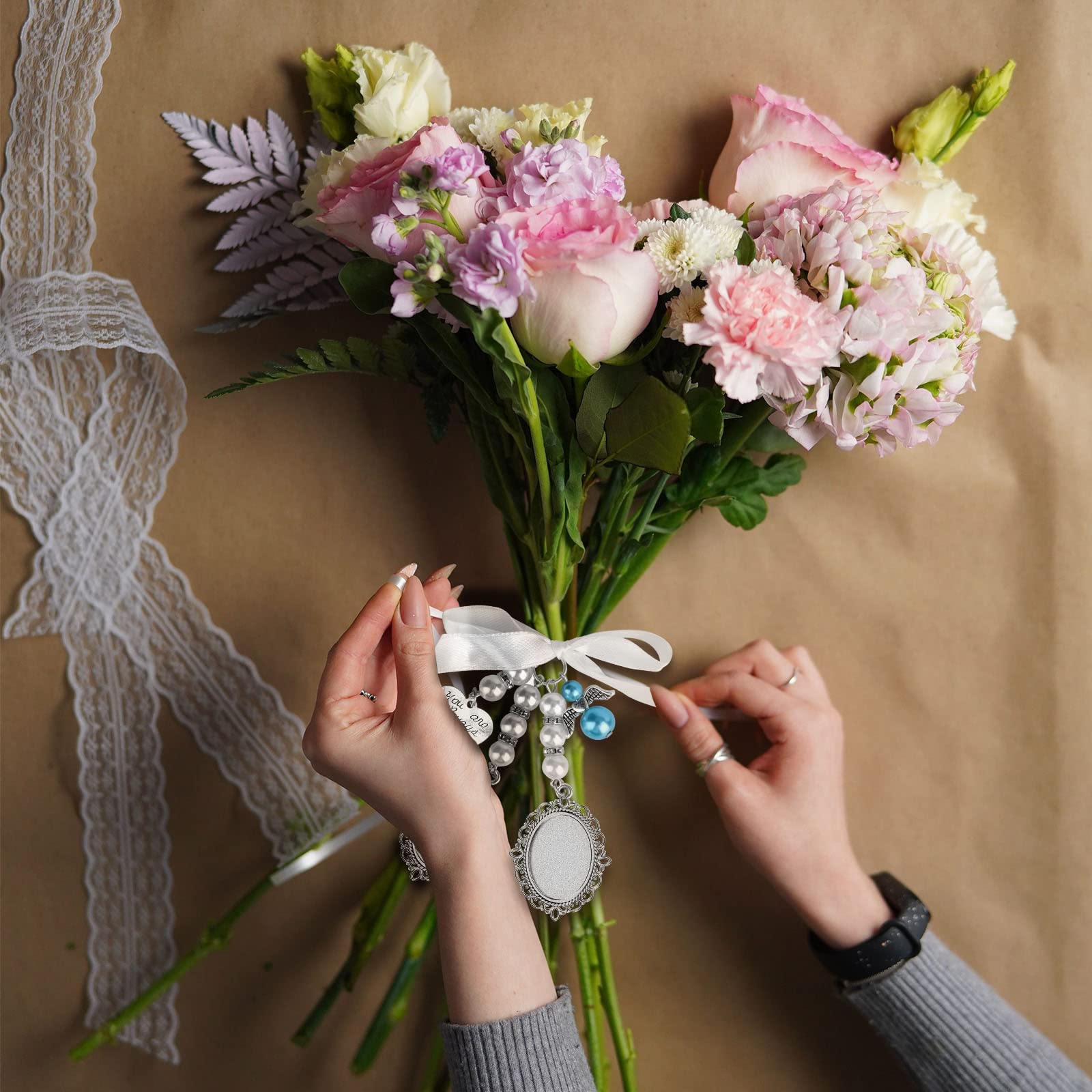 SAVITA 1pc Wedding Bouquet Photo Charm with 2pcs Oval Glass Cabochons - Elegant Bridal Bouquet Charm Holder Picture Frame with Bow-Knot Pearl Rhinestone Heart Pendant for Bridal Shower, Wedding Keepsake & Photo Jewelry - Perfect for Bridal Accessories, Wedding Gifts & Memory Preservation