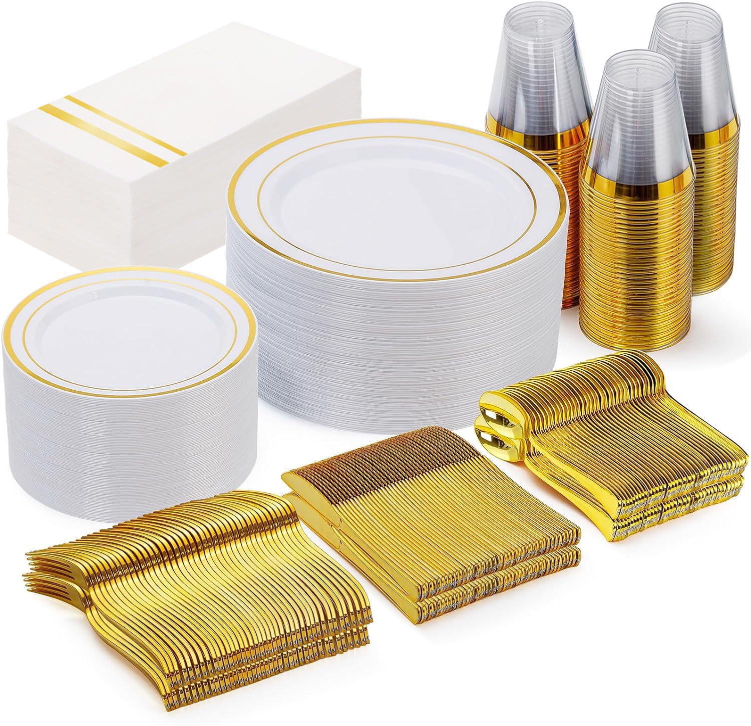 350-Piece Gold Plastic Dinnerware Set - 50 Gold Dinner Plates, 50 Salad Plates, 150 Silverware, 50 Napkins & 50 Cups - Disposable Party Tableware for Weddings, Birthdays & Special Events - Elegant & Convenient for Large Gatherings