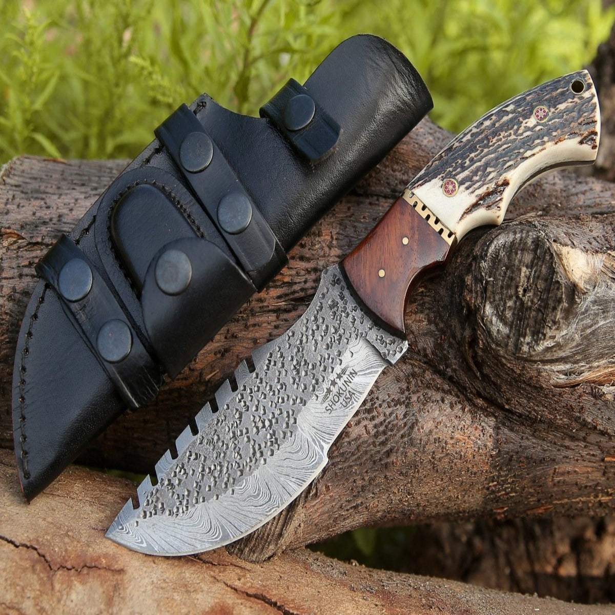 Premium Zeus Tracker Knife with Genuine Antler & Rosewood Handle - Survival, Hunting, and Outdoor Camping Essential