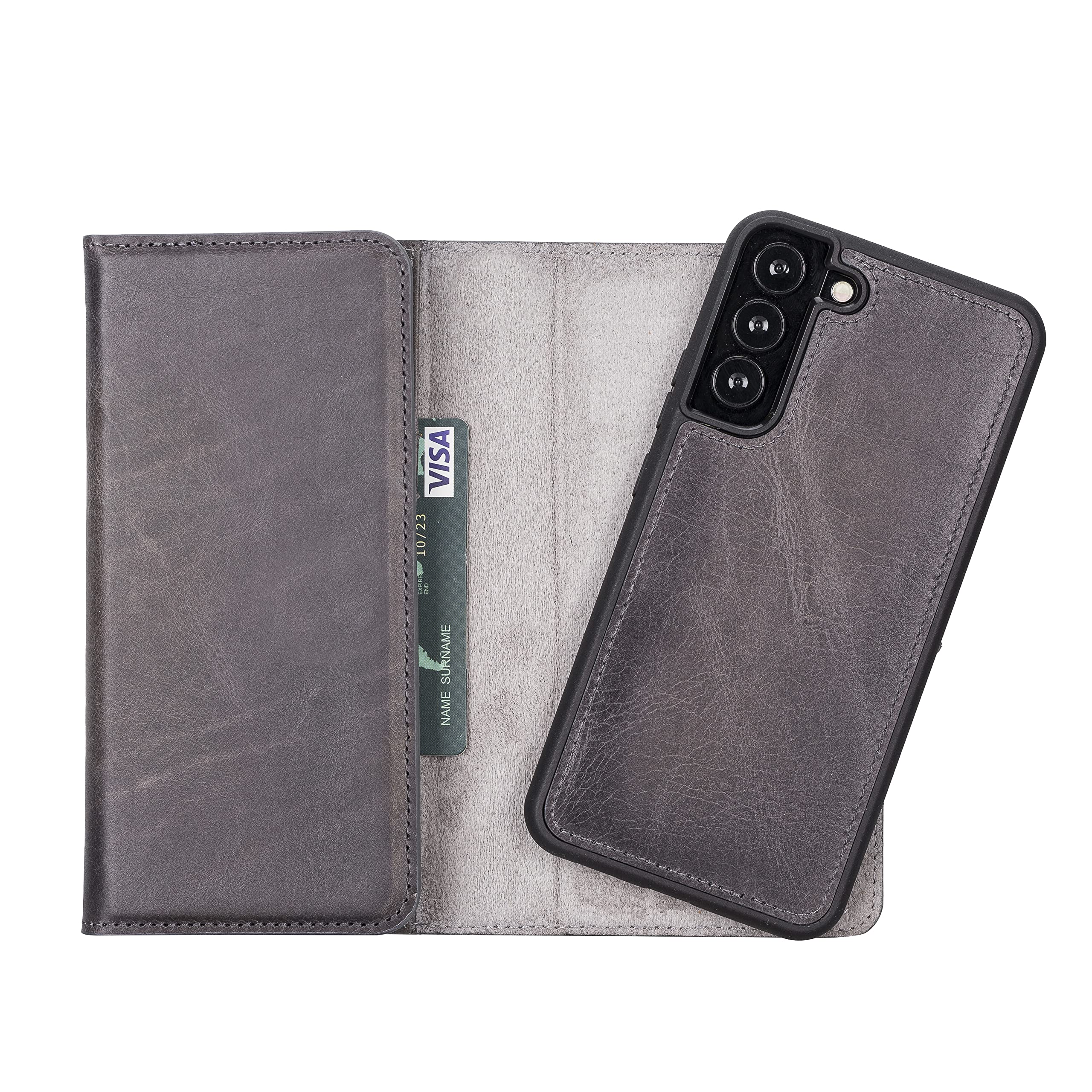 Premium Full Grain Leather Tri-Fold Wallet Case for Samsung Galaxy S22 Plus - 2-in-1 Magnetic Flip Cover with Card Slots & Detachable Durable Frame (Smoked Black) | Perfect for Business, Travel & Everyday Use
