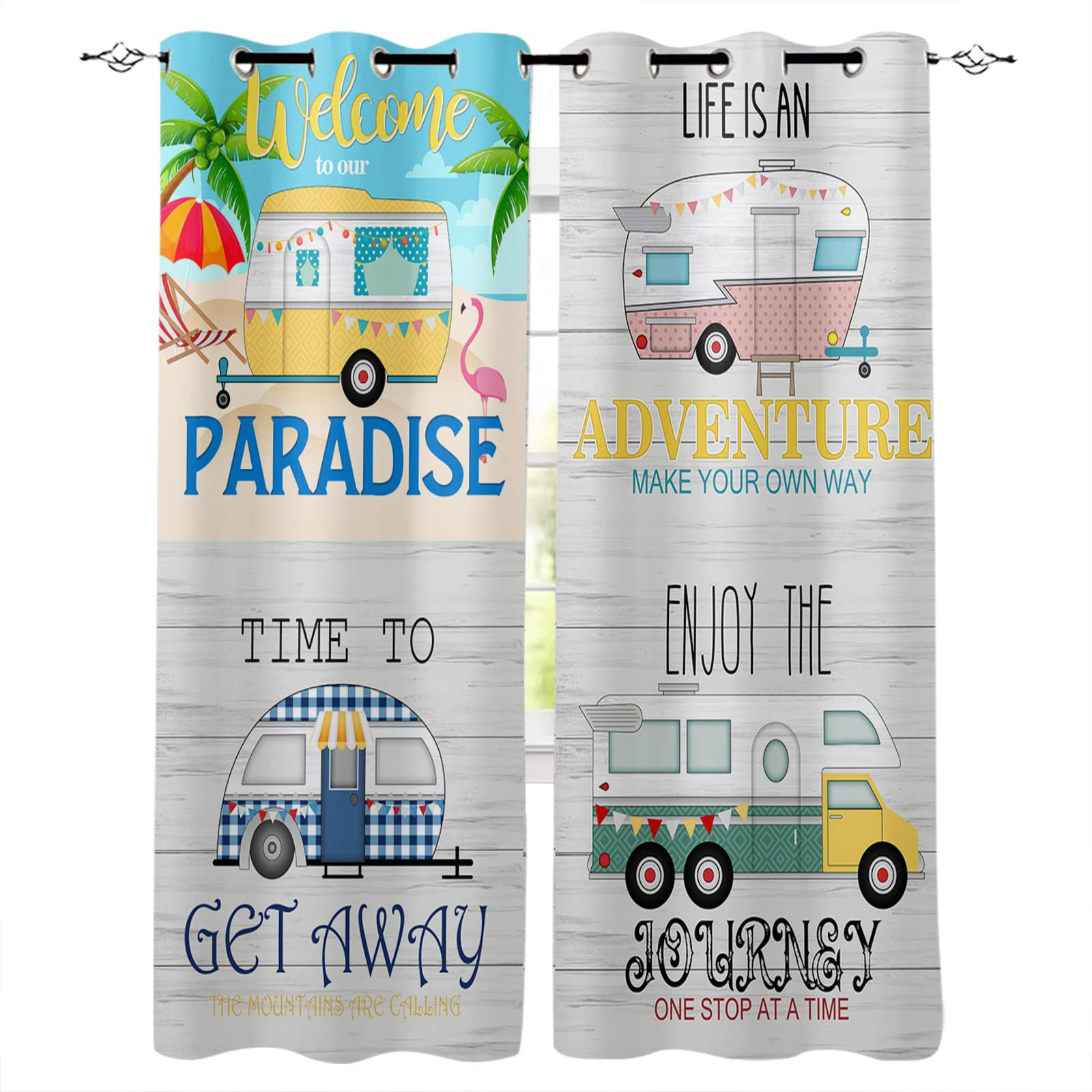 Thermal Insulated Blackout Window Curtains 2 Panel Set - Summer Camper Car Theme, Privacy Room Darkening Drapes for Bedroom, Living Room & Farmhouse | Rustic Wooden Plank Design | Perfect for Camping, RV Travel & Home Decor
