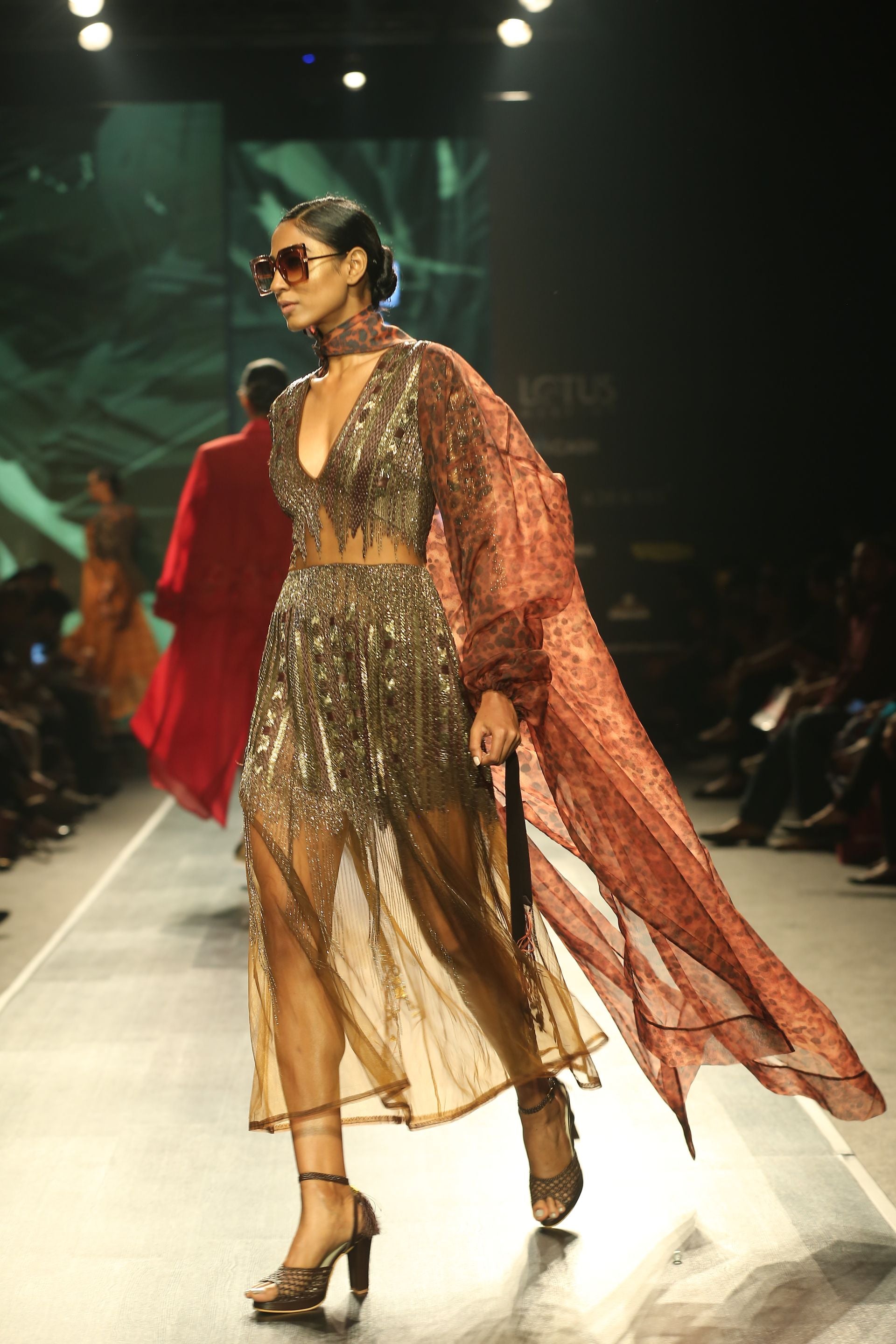 Elegant Chocolate Brown & Gold Embellished Dress with Stone Print Trench Coat - Perfect for Evening Parties & Special Occasions