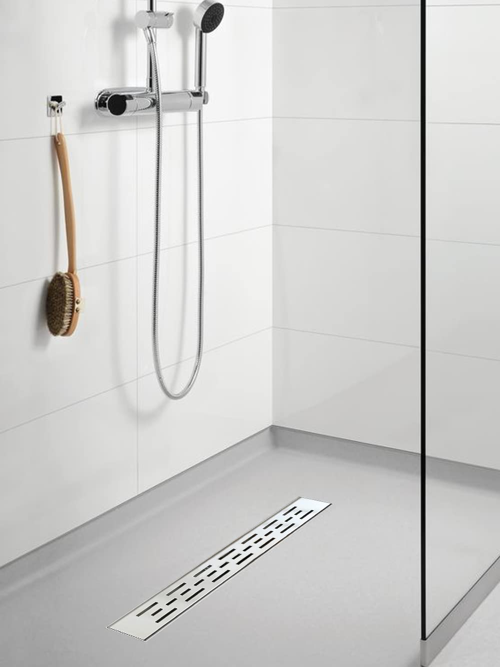 60 Inch Linear Shower Drain with Bar Pattern Grate - AISI 304 Stainless Steel Shower Drain with Hair Strainer & Leveling Feet - Perfect for Modern Bathroom Renovations and Walk-in Showers