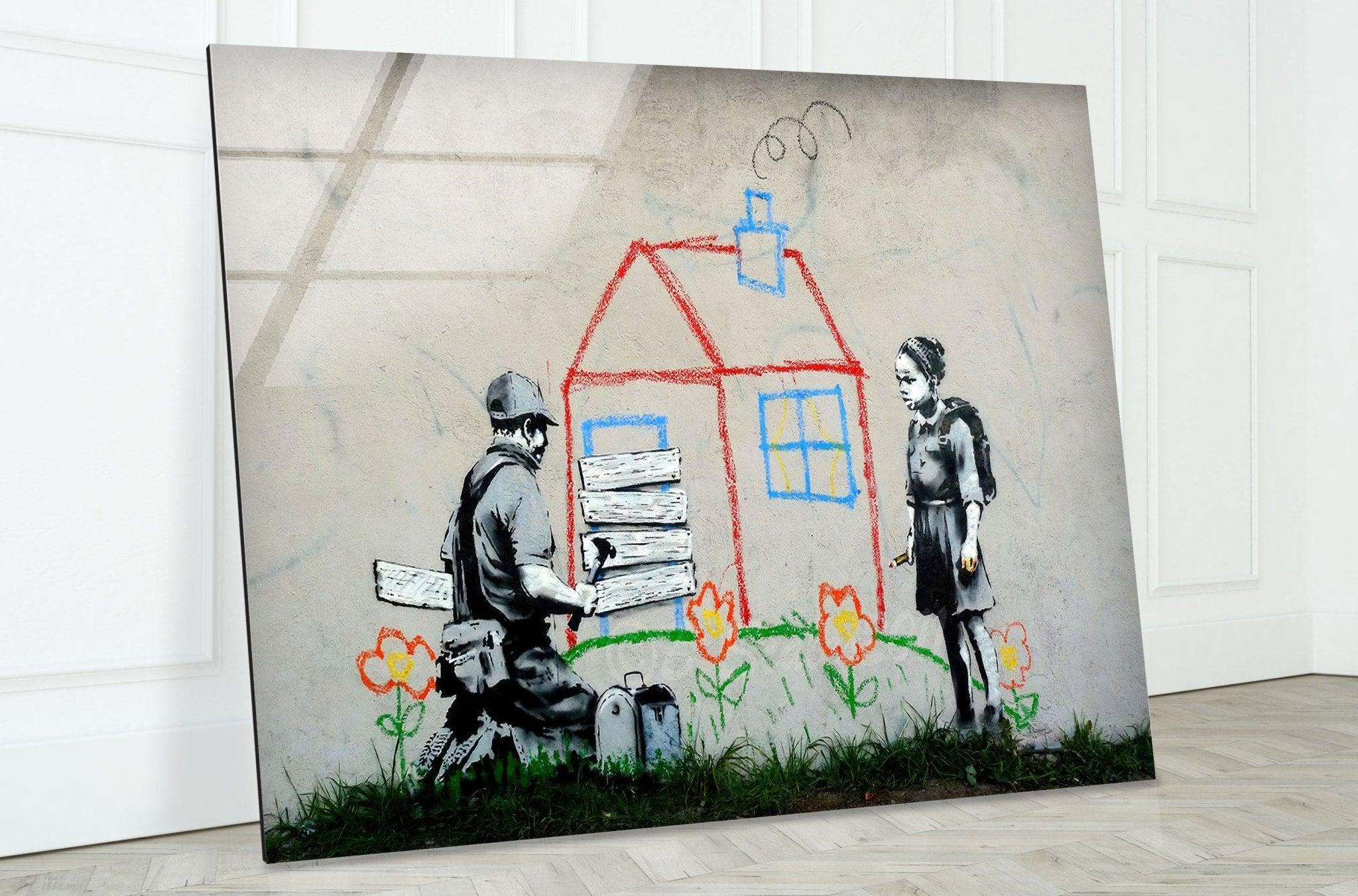 Banksy Kids House Glass Wall Art - Modern Home Decor for Living Room, Bedroom & Office - Unique Street Art Inspired Stained Glass Panel