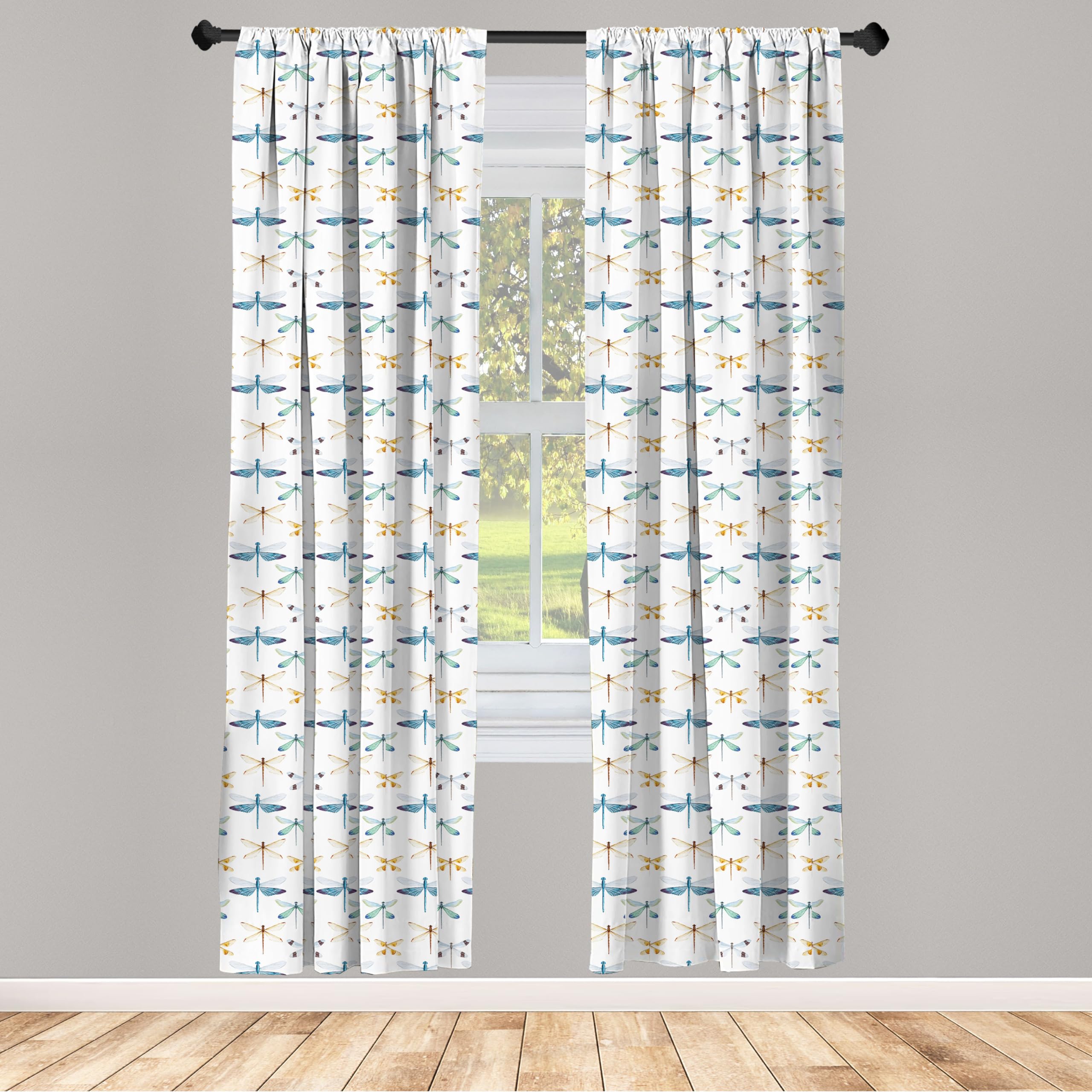 Ambesonne Dragonfly Window Curtains Set of 2 - Black & White Dragonfly Pattern Lightweight Rod Pocket Curtains 28x95 Inches - Perfect for Living Room, Bedroom & Kitchen Decor