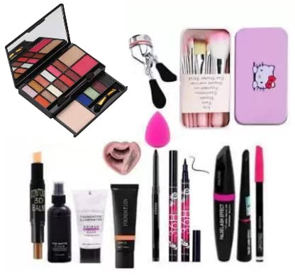 TUMR Professional Makeup Kit - 20-Piece Set with 7 Black Brushes, Contour Stick, Primer, Fixer, Foundation, Kajal, 36H Eyeliner, Lashes & Curler, Beauty Blender, 3-in-1 Liner, Mascara & Eyebrow Pencil | Perfect for Makeup Artists, Beginners & Everyday Glam