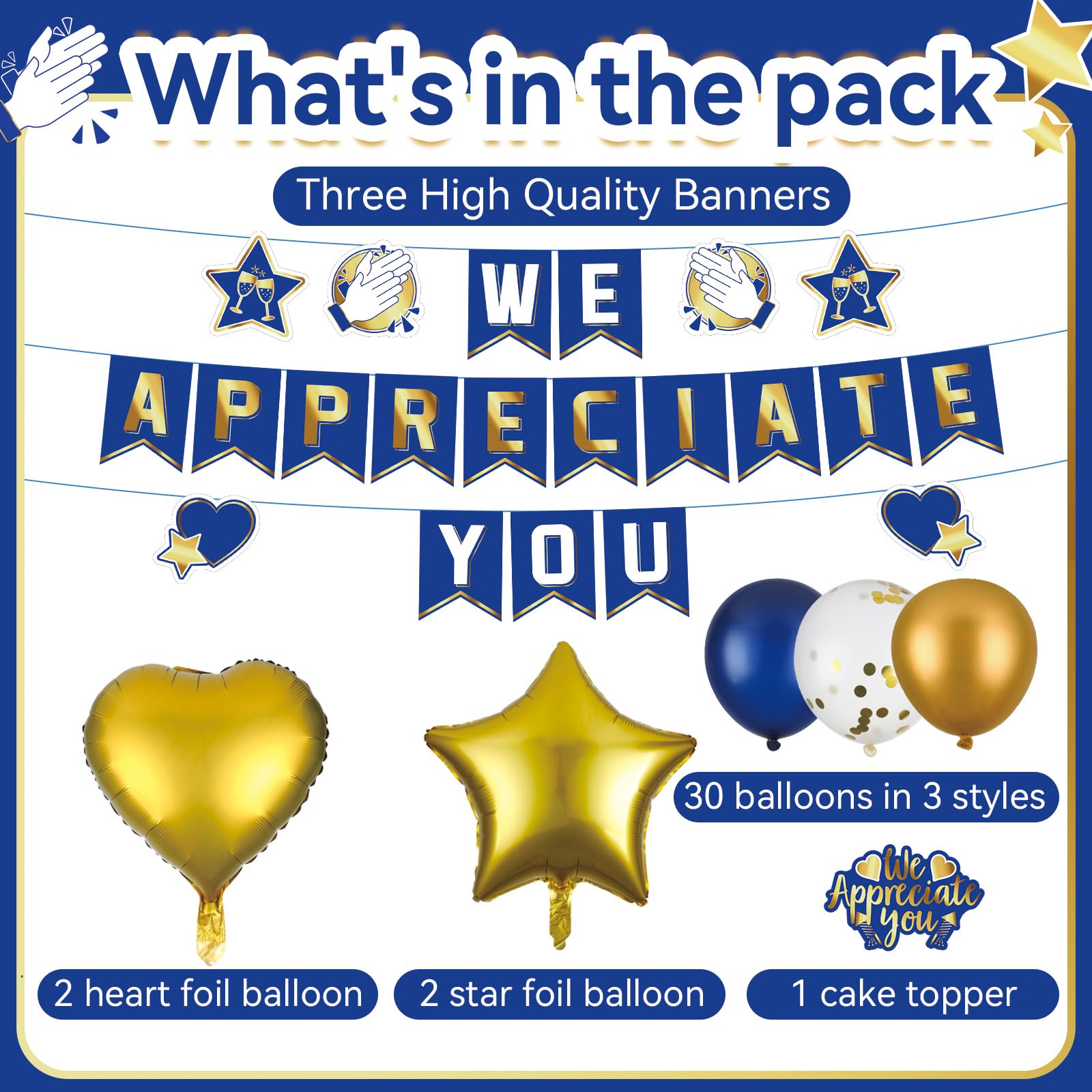 38PCS Employee Appreciation Decorations Set - Thank You Balloon Banner, Sign & Staff Appreciation Decorations for Teachers, Doctors, Nurses, Pastors - Blue & Gold Theme - Perfect for Office Parties, Thank You Week Events & Recognition Ceremonies