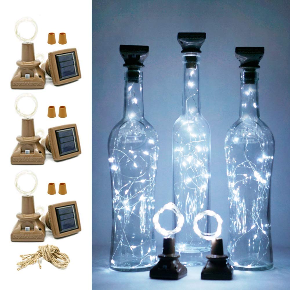 Solar Powered Wine Bottle Lights with Cork - 6 Pack 20 LED Cork Shape Silver Copper Wire Fairy String Lights for DIY, Party, Christmas, Wedding, Home, Garden, Bar Decor (Cool White) - Perfect for Romantic Dinners, Outdoor Gatherings & Holiday Celebrations