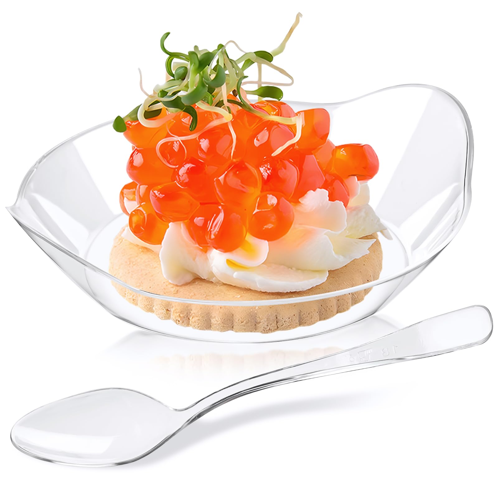 Kucoele 100 Pack Mini Clear Plastic Dessert Plates with Spoons - Disposable Small Serving Trays for Appetizers, Fruits, Cakes & Party Snacks - Perfect for Birthday Celebrations, Wedding Receptions & Cocktail Events