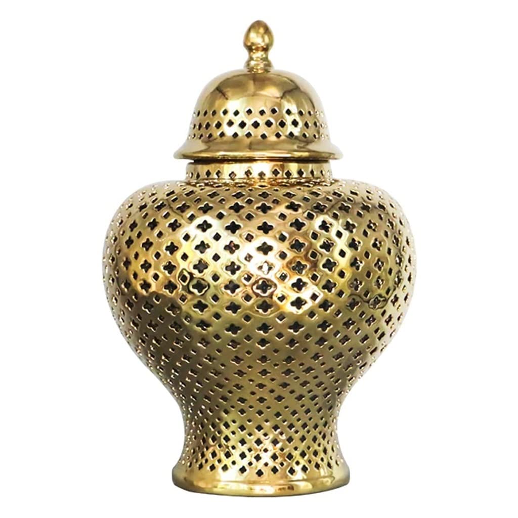 Chinese White Carved Lattice Ginger Jar with Lid - Traditional Porcelain Flower Vase, Decorative Temple Jar for Home Decor, Oriental Furniture Accent (Gold, Large) | Perfect for Living Room, Dining Table, Entryway & Feng Shui Display