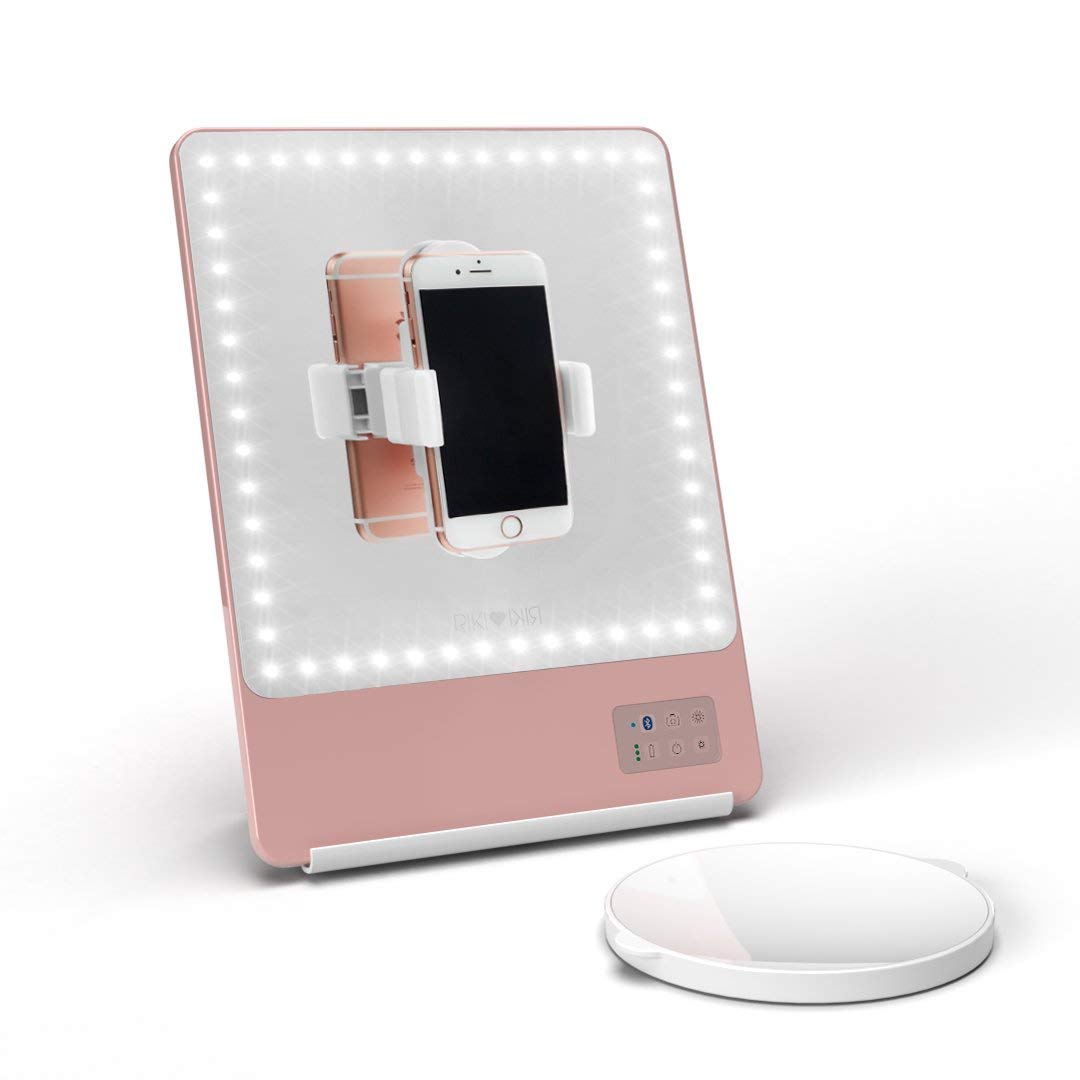 Glamcor Riki Skinny Smart Vanity Mirror with HD LEDs - 10X Magnifying Mirror Attachment, Phone Holder & Bluetooth Control (Rose Gold) | Perfect for Makeup, Skincare & Hair Styling at Home or Salon