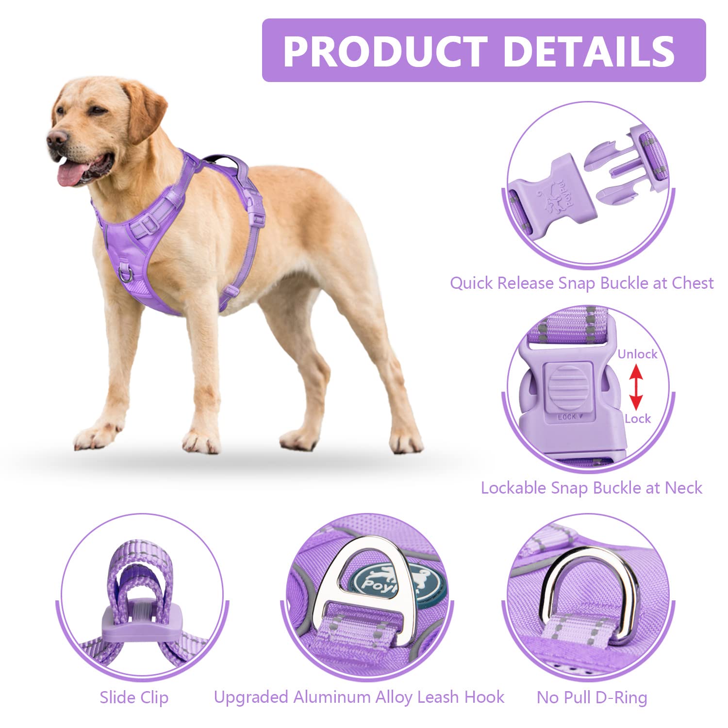PoyPet No Pull Dog Harness - Reflective Adjustable Pet Vest with Padded Handle for Small Medium Large Dogs - Light Purple Matching Trim - Perfect for Walking, Running & Nighttime Safety