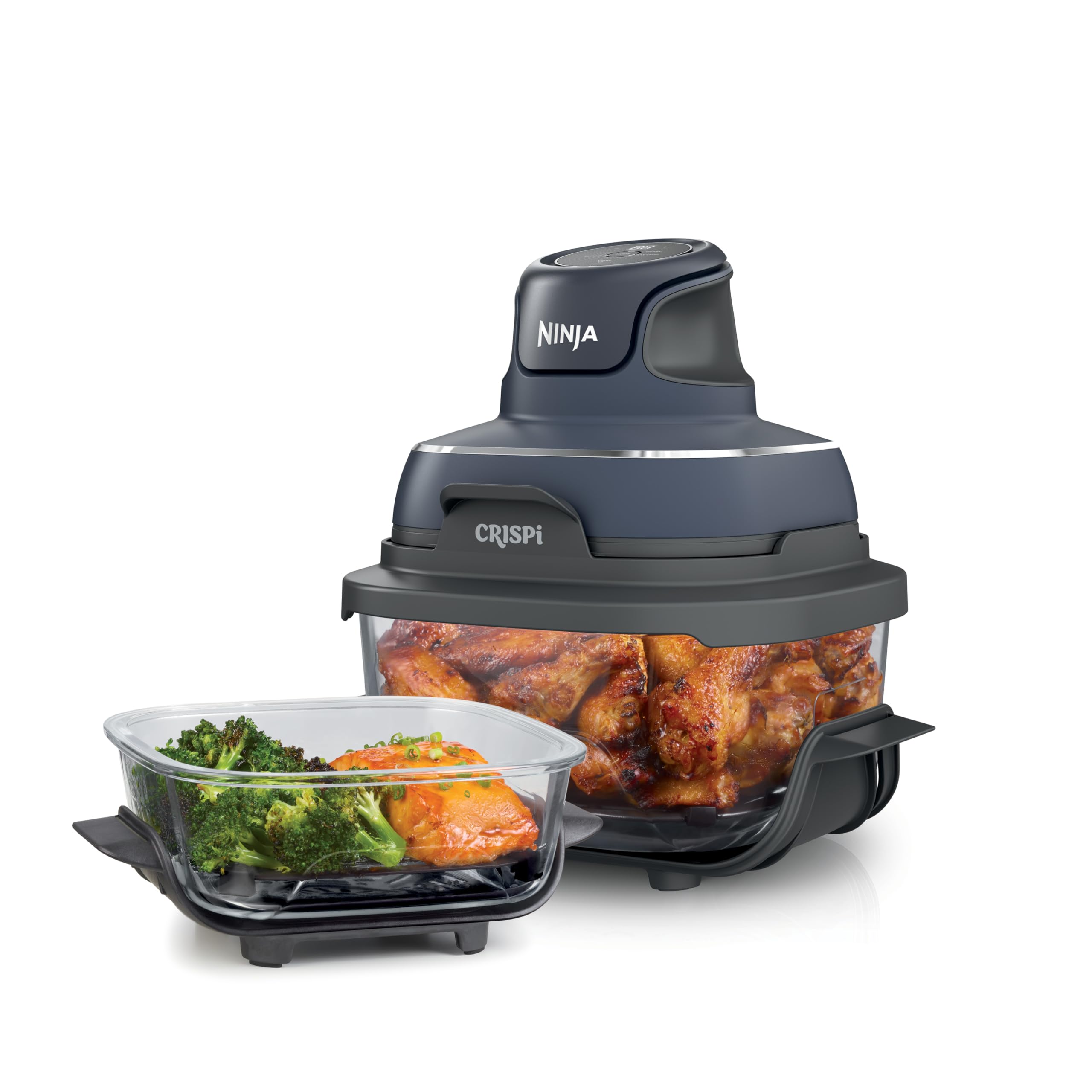Ninja Crispi Air Fryer - 4 QT & 6 Cup Non-Toxic Glass Cooking System | Microwave, Freezer & Dishwasher Safe | Portable for Air Frying, Baking & Meal Prep | Includes Storage Lids | Perfect for Small Kitchens, Dorms & RV Cooking (Grey, Model FN101CGY)