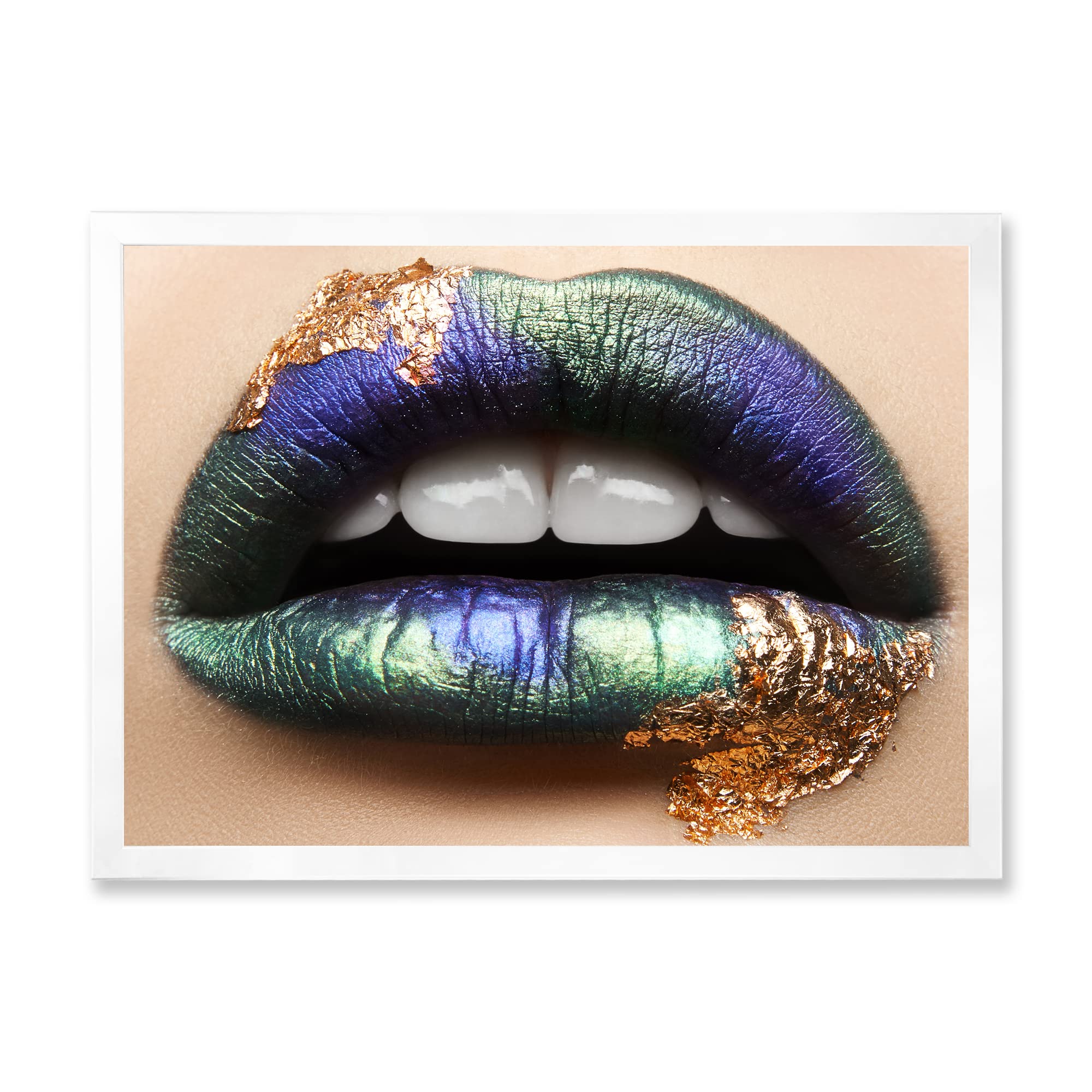 DesignQ Modern Framed Wall Art - Green Lipstick & Teeth Female Lips Portrait - Perfect for Living Room, Bedroom, or Office Decor