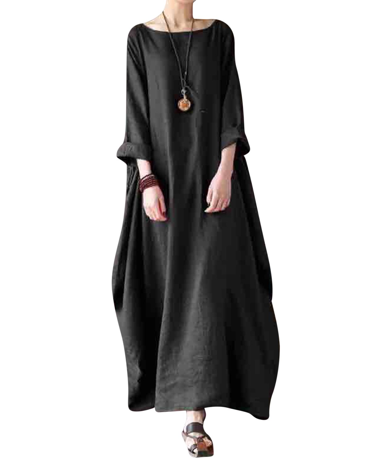 Jacansi Women's Cotton Linen Maxi Dress with Pockets - Oversized Loose Kaftan Dress for Beach, Vacation & Summer Outfits