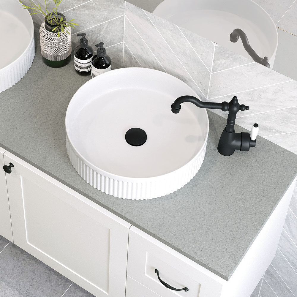 Fienza RB465 Eleanor Round Above Counter Bathroom Sink - White Porcelain Ceramic Vessel Basin for Modern Vanity & Powder Room Decor