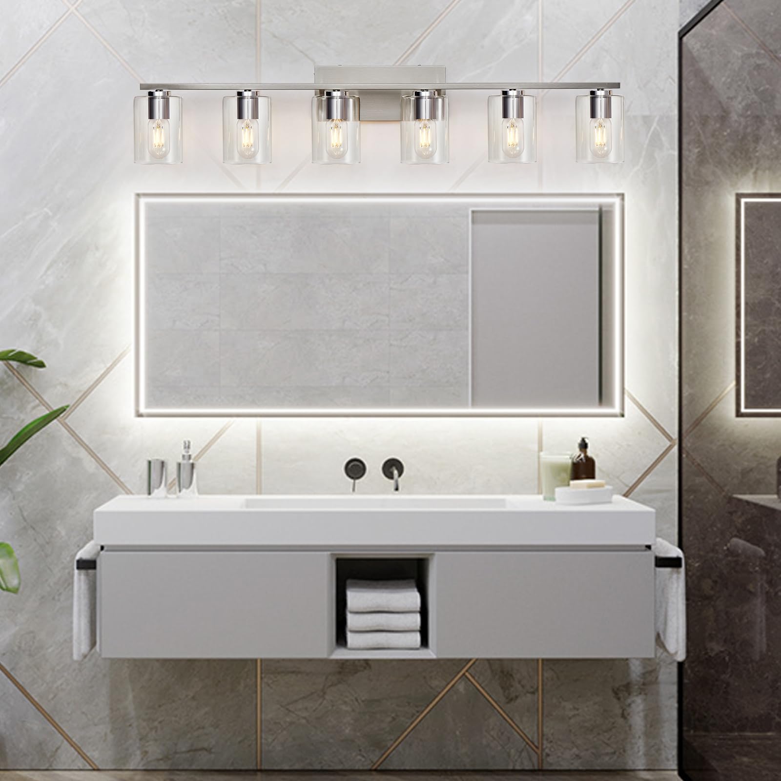 6-Light Brushed Nickel Bathroom Vanity Lighting Fixture with Clear Glass Shade - Modern Mirror Lights for Bathroom, Powder Room & Dressing Area - Perfect for Makeup, Shaving & Grooming