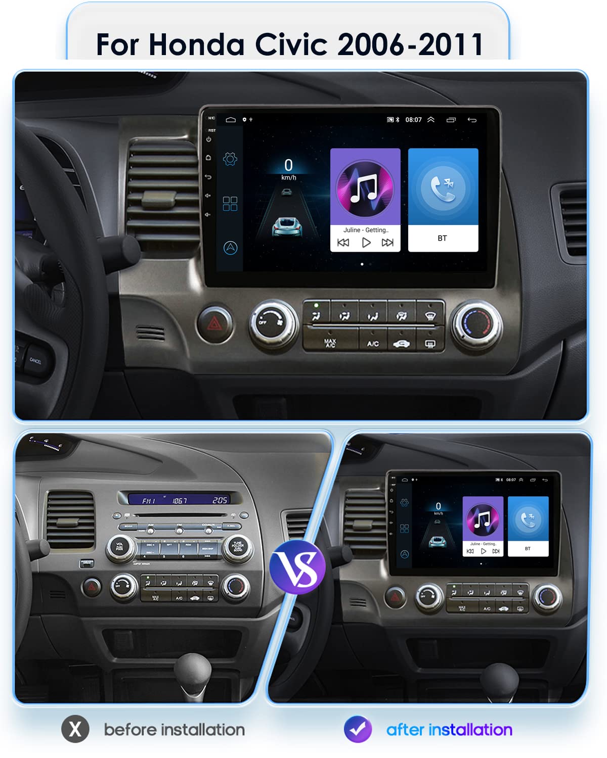 Hikity Android 13 10.1 Inch Touch Screen Car Stereo for Honda Civic 2006-2011 - Bluetooth GPS Navigation, WiFi, FM, USB, Mirror Link, SWC, Backup Camera - Perfect for Commuting, Road Trips & Hands-Free Calling