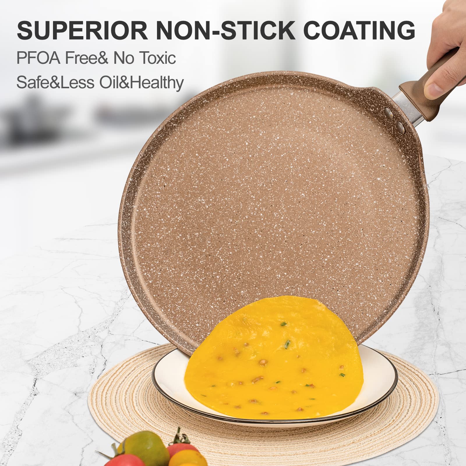 Nonstick 10 Inch Crepe Pan - Granite Coating Flat Skillet for Dosa, Tawa, Tortilla, Pancake & Roti - Induction Compatible PFOA-Free Cookware with Stay-Cool Handle - Perfect for Breakfast, Indian Cooking & Mexican Cuisine