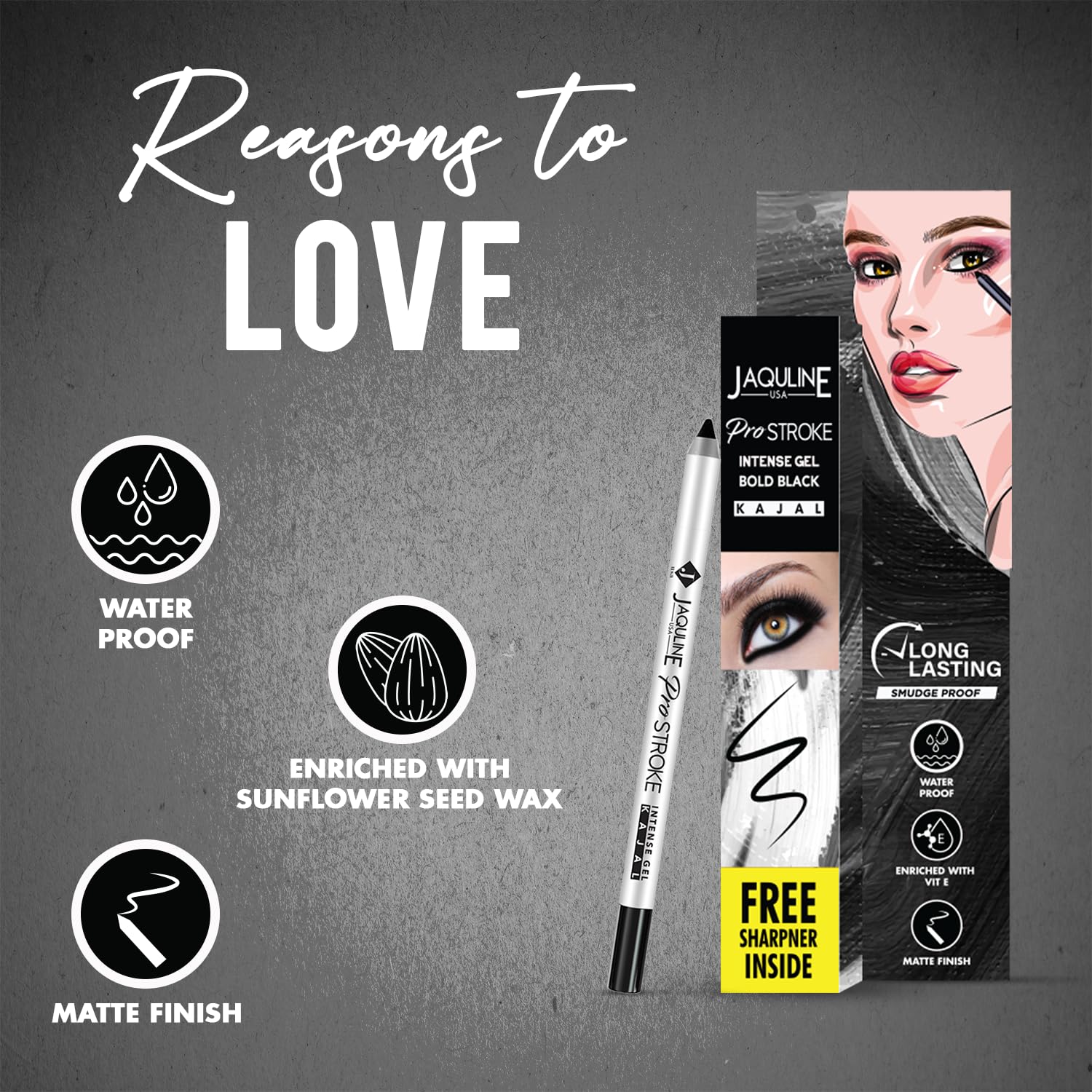 Jaquline USA Pro Stroke Intense Gel Matte Kajal Eyeliner 1.2Gm - Waterproof, Smudgeproof & Long Lasting Super Black Kajal with Free Sharpener | Enriched with Castor Oil | Perfect for Dramatic Eye Makeup, Winged Liner & Everyday Wear