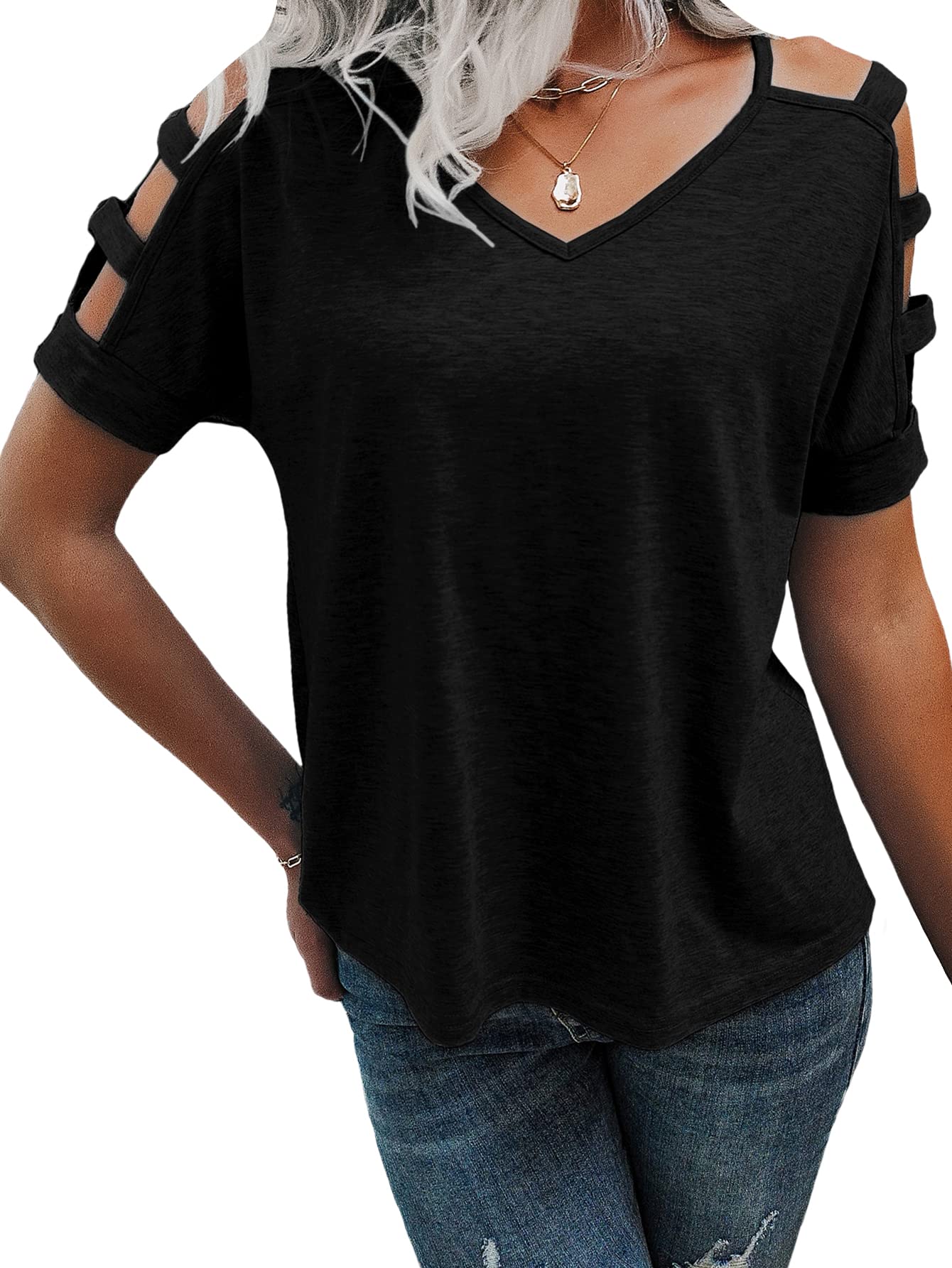Romwe Women's Cold Shoulder V-Neck Tunic Top - Dolman Sleeve Blouse & T-Shirt Style for Casual Wear, Date Night & Summer Outfits