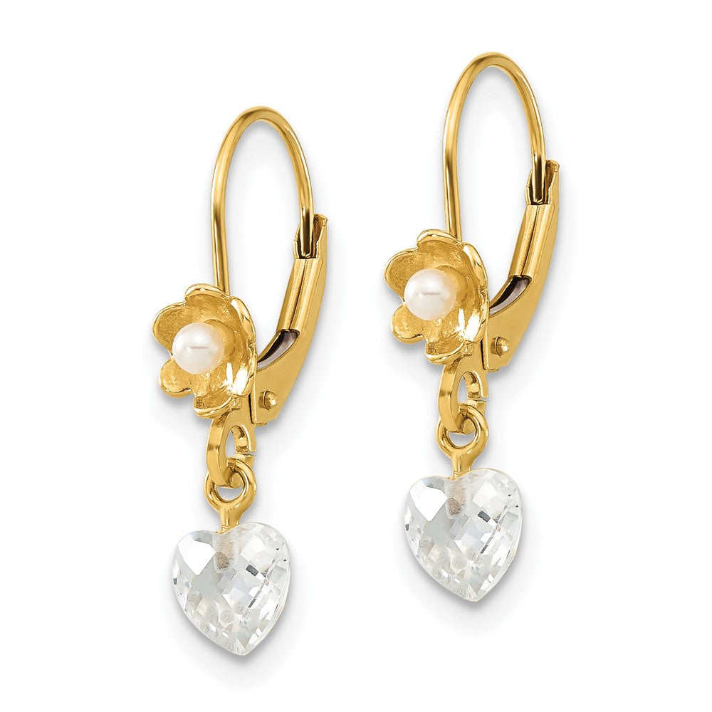 Gold Polished Freshwater Cultured Pearl & CZ Flower Leverback Earrings SE2160 | Elegant Pearl Jewelry for Women | Perfect for Weddings, Parties & Special Occasions