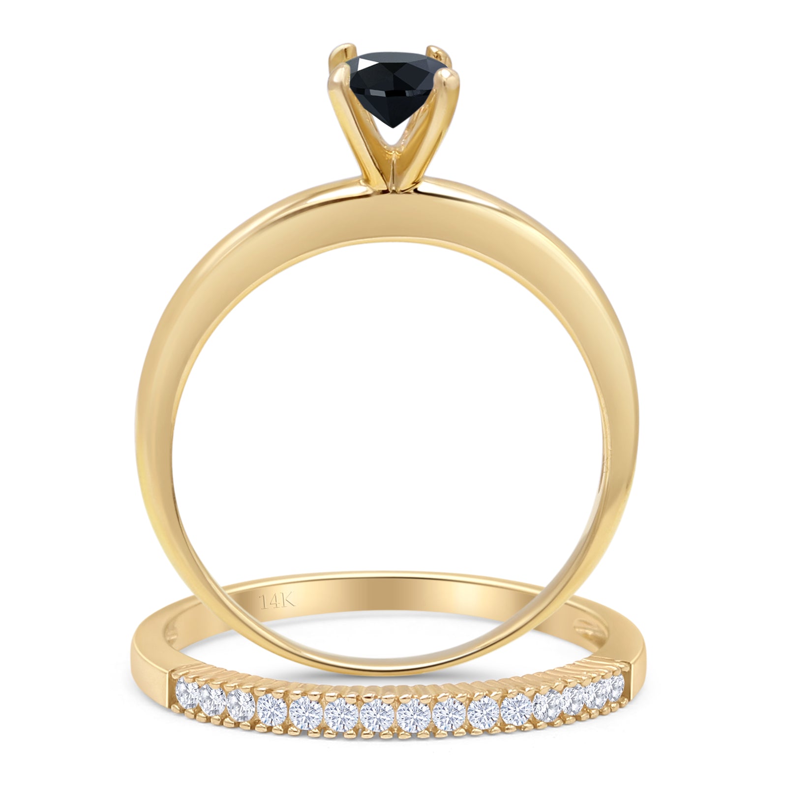 14K Yellow Gold Two Piece Round Solitaire Half Eternity Band Black CZ Bridal Ring Set - Elegant Wedding, Engagement & Anniversary Jewelry Gift for Her