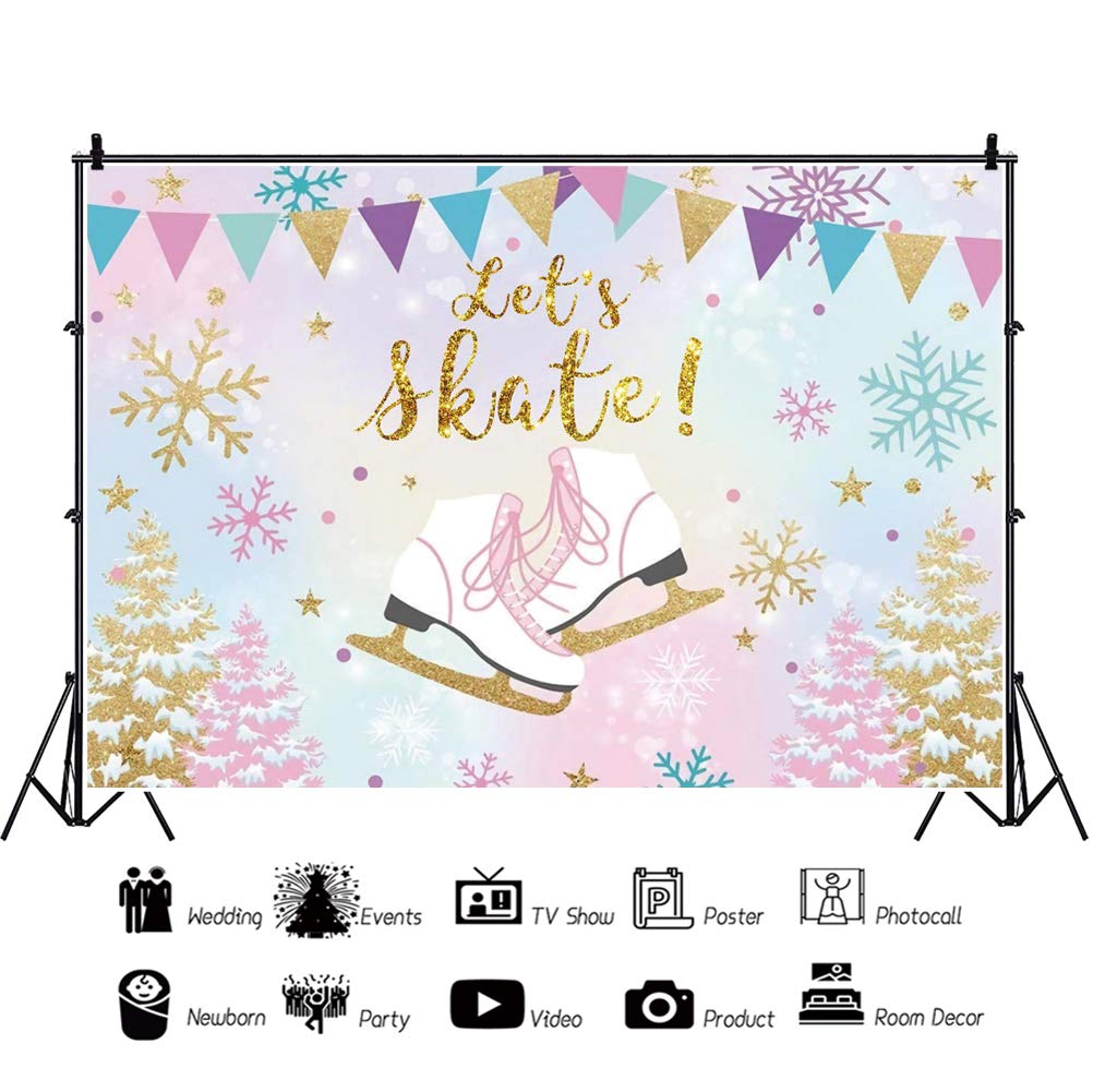 CSFOTO 5x3ft Let's Skate Backdrop - Ice Skates & Snowflakes Photography Background for Kids Birthday Party, Winter Theme Decor - Perfect for Ice Skating Rink Photo Booths, Holiday Parties & Children's Events