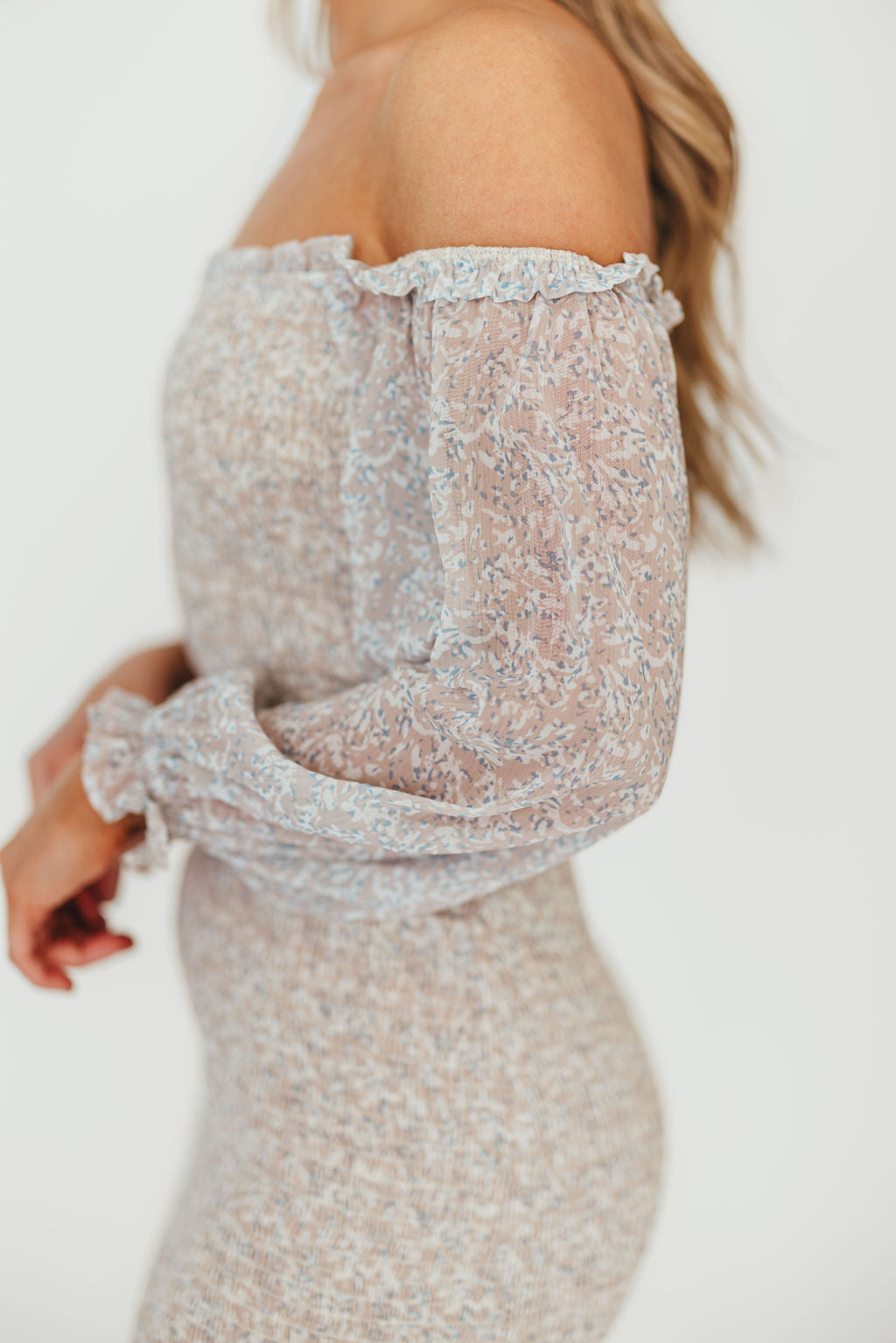 Stylish Cameron Stretchy Midi Dress with Ruffles - Beige & Blue Floral Print | Perfect for Casual Outings, Date Nights & Summer Vacations