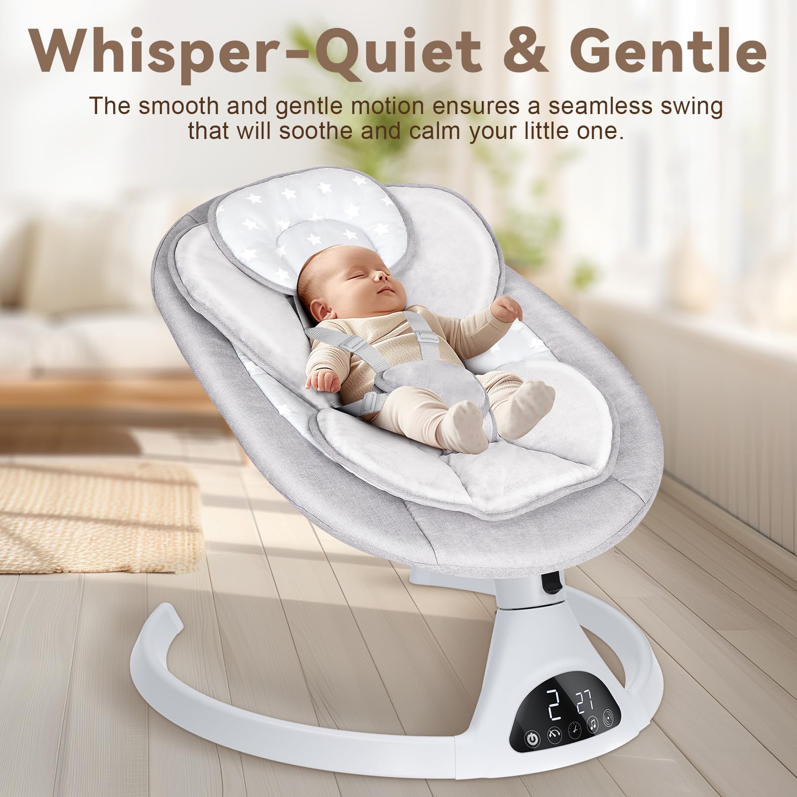 Omzer Electric Baby Swing for Infants - Bluetooth Enabled Remote Control with Music Speaker, Timer & 5 Speed Settings | Soothing Rocking Motion for Newborns to Toddlers | Perfect for Nursery, Daycare & Travel Use