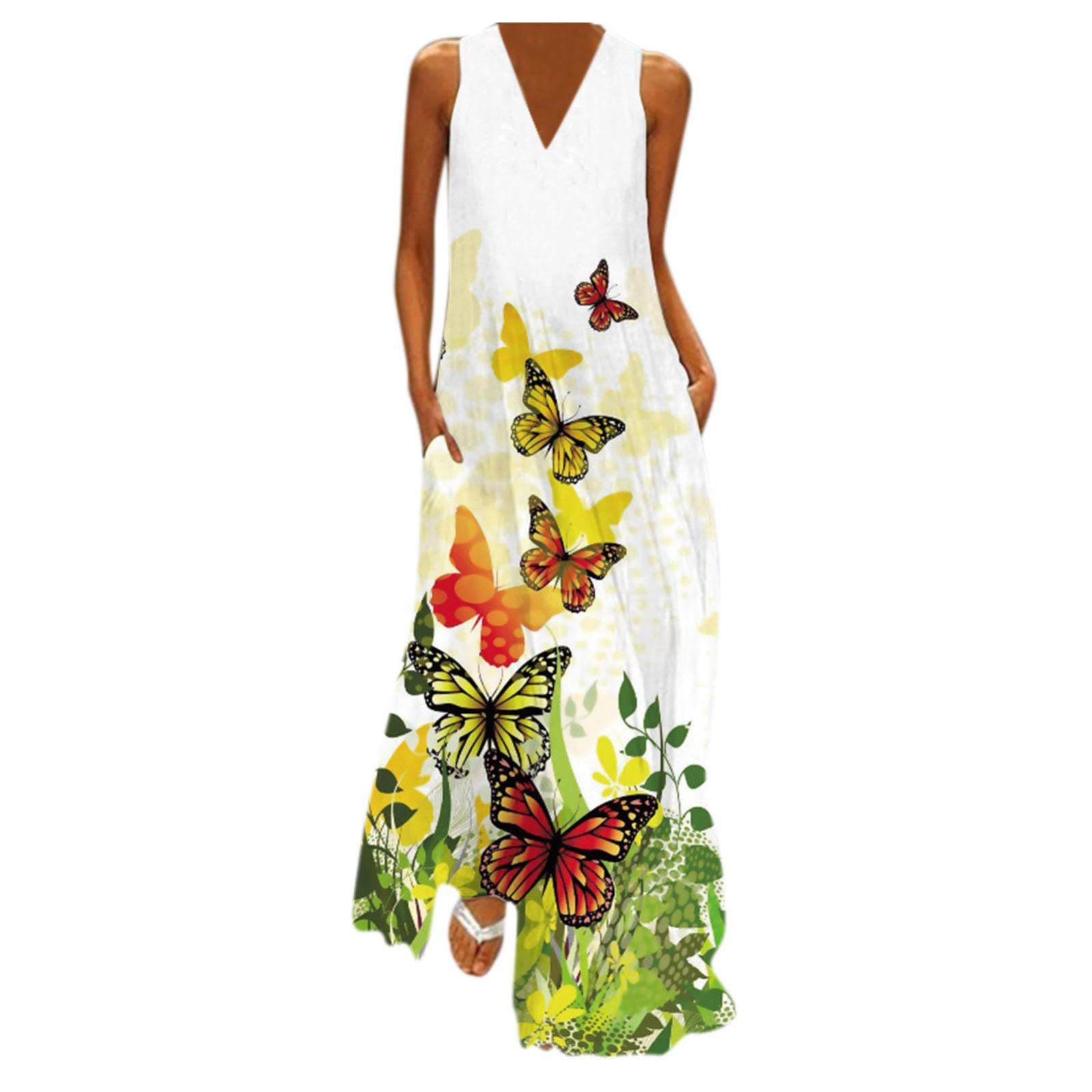 Women's Summer Long Sleeveless V-Neck Cami Maxi Dress - Bohemian Floral Print Casual Tank Dress for Beach, Evening Party & Vacation