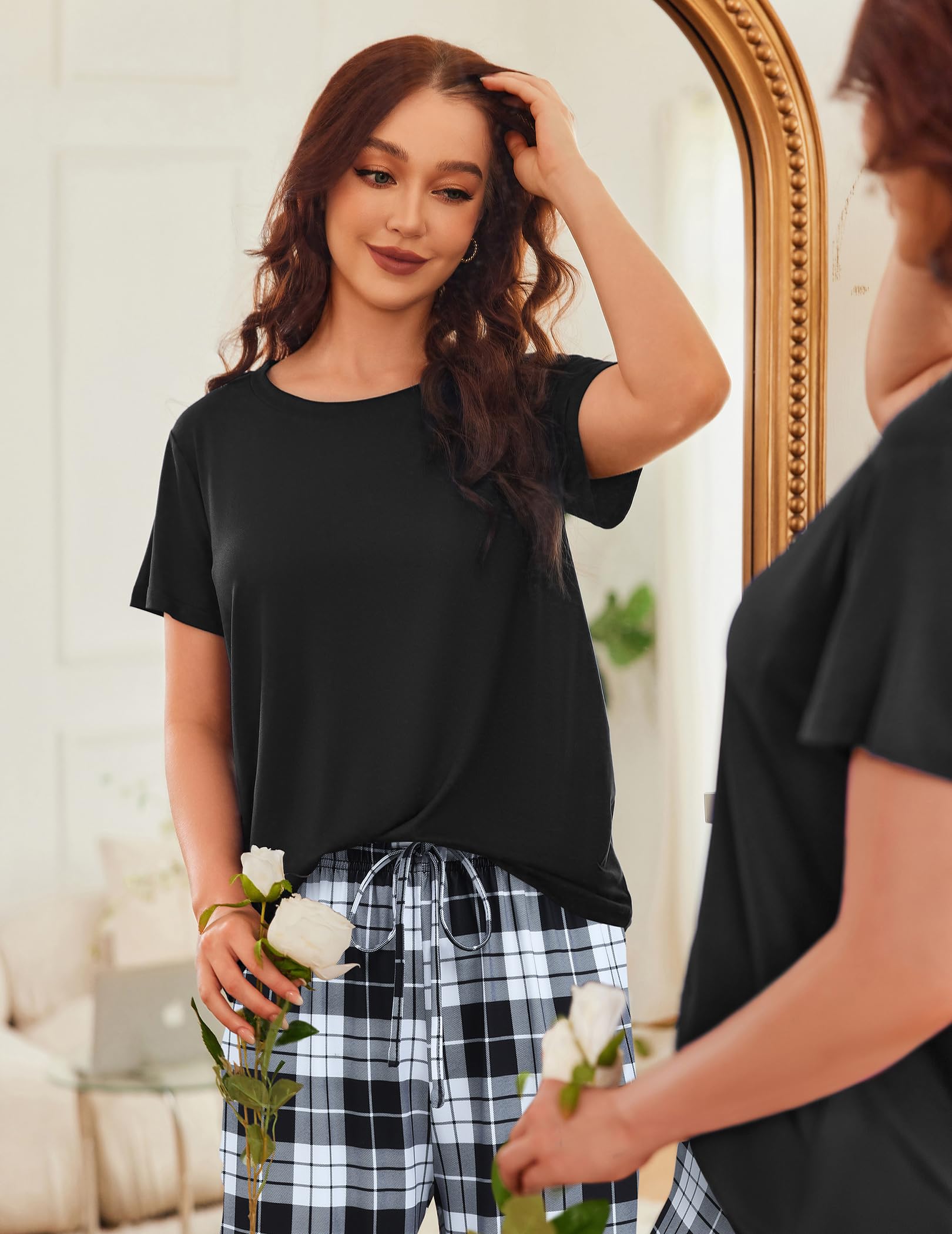 Ekouaer Women's 2-Pack Pajama Set - Short Sleeve Sleepwear Top & Pants 4-Piece Lounge PJS with Pockets | Soft & Comfortable for Nightwear, Relaxing at Home, and Travel
