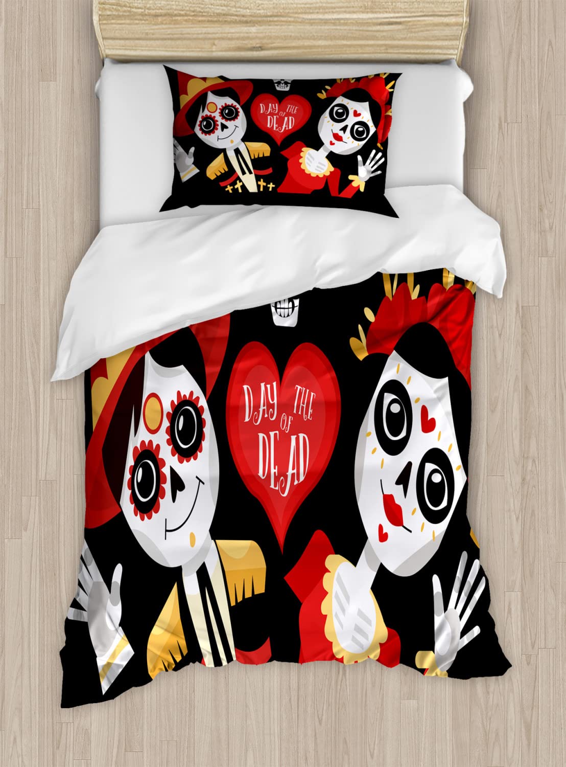 Ambesonne Day of The Dead Duvet Cover Set - Sugar Skull Print Queen Size Bedding (2 Duvet Covers + 4 Pillowcases) - Grey Vermilion Mexican Theme for Halloween & Home Decor