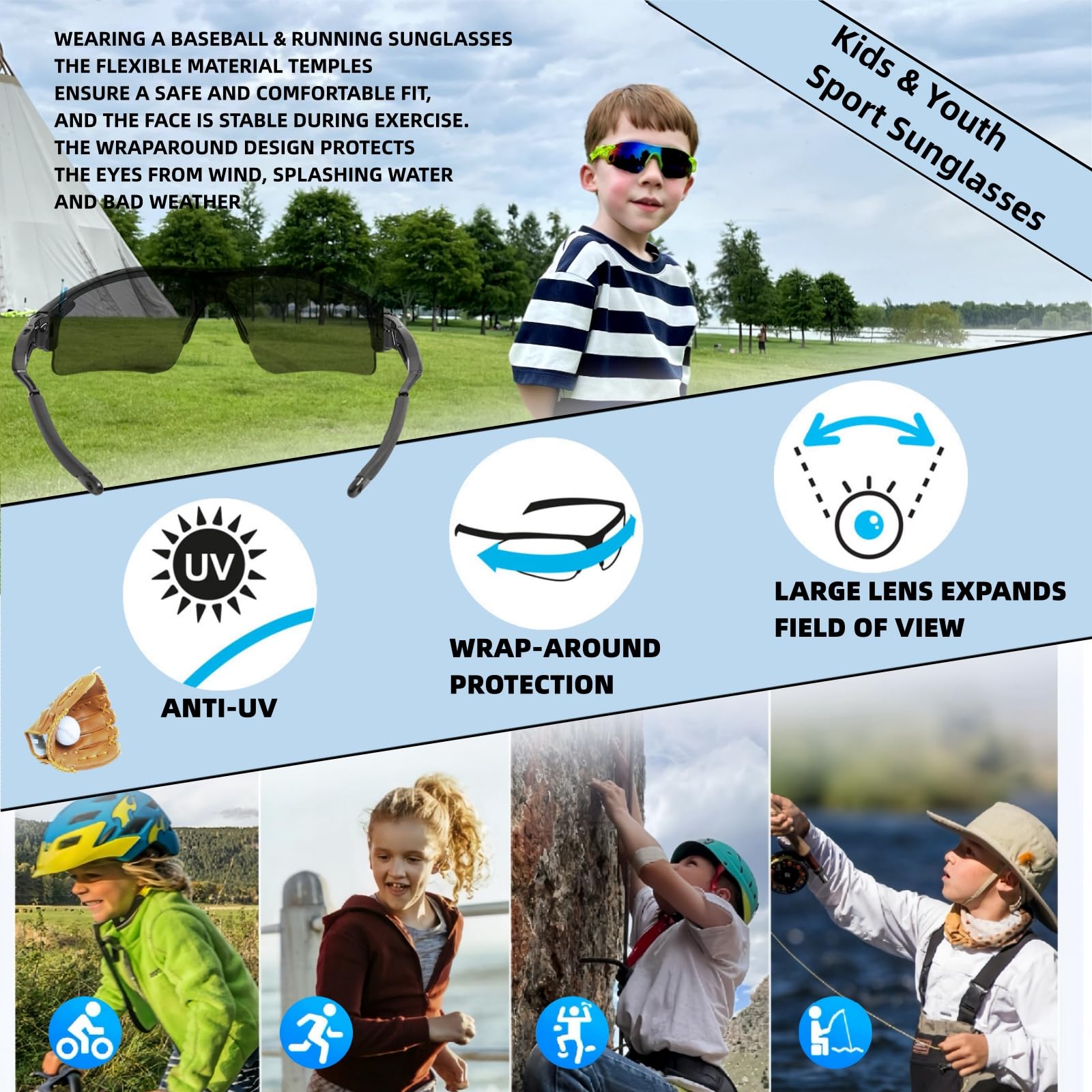 UV400 Polarized Kids Sunglasses for Boys & Girls Ages 3-12 - Baseball, Softball, Cycling & Golf Sunglasses for Youth - Perfect for Outdoor Sports & Summer Activities