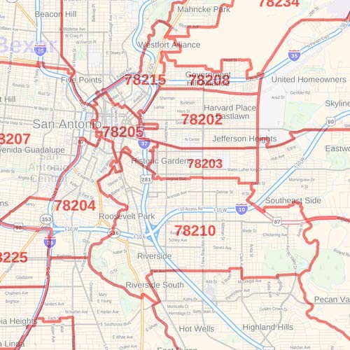 Bexar County Texas Zip Code Map - 36x48 Inch Rolled Canvas Wall Art for Home & Office Decor | Detailed Road & Postal Code Guide