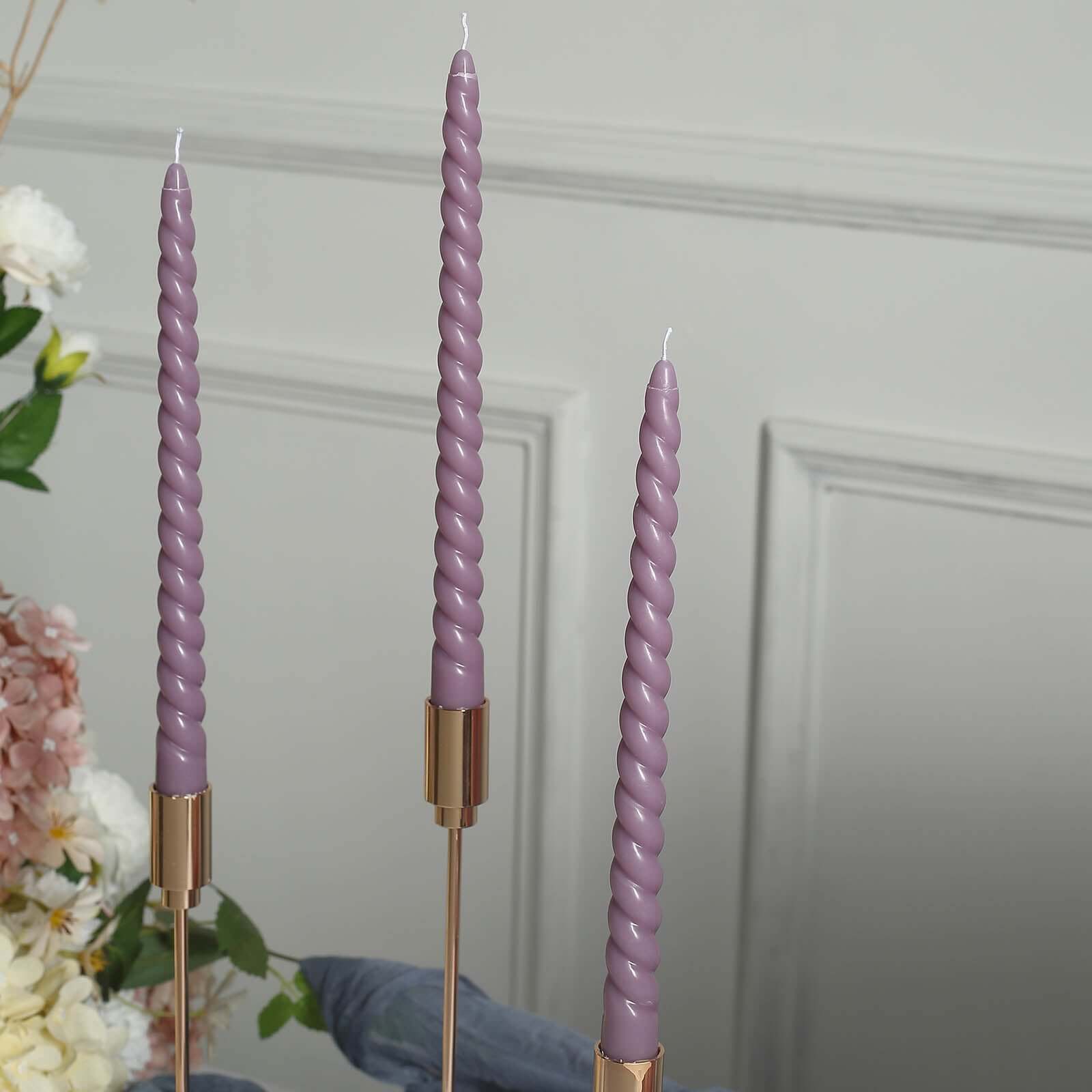 12 Pack Spiral Taper Candles - Long Burn Wick, Violet Amethyst, Premium Unscented Wax Dinner Candles (11