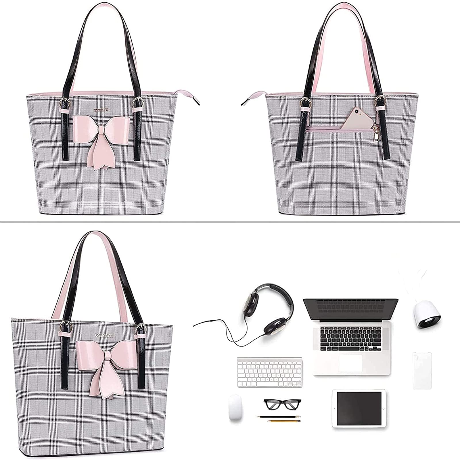 MOSISO Premium PU Leather Laptop Tote Bag for MacBook Pro 14 inch M4/M3/M2/M1 & MacBook Air/Pro 13-13.3 inch - Large Capacity Work Bag with Grid Design (MO-GID002LTBR) - Perfect for Business, Travel & Daily Commute