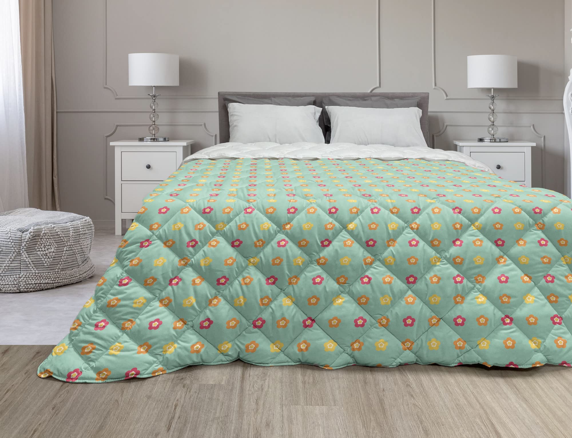 Ambesonne Autumn Down Alternative Comforter - Queen Size Microfiber Quilt with Doodle Flower Pattern in Pastel Almond Green & Multicolor | All-Season Lightweight Bedding for Cozy Fall & Winter Nights
