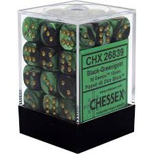 Chessex 36-Pack Black & Green with Gold Gemini 12mm Pipped D6 Dice Set - Perfect for Dungeons & Dragons, Board Games, and Tabletop RPGs