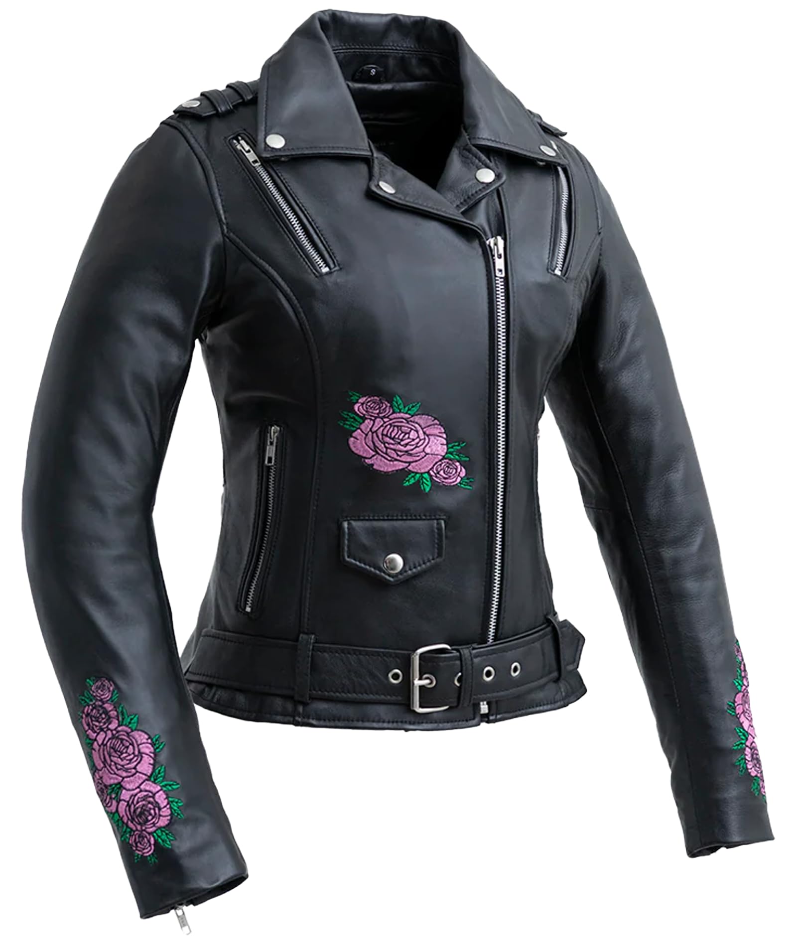 First Mfg Co - Bloom - Women's Motorcycle Biker Riding Black Leather Jacket - Stylish & Durable for Harley Rides, Night Out & Casual Fashion