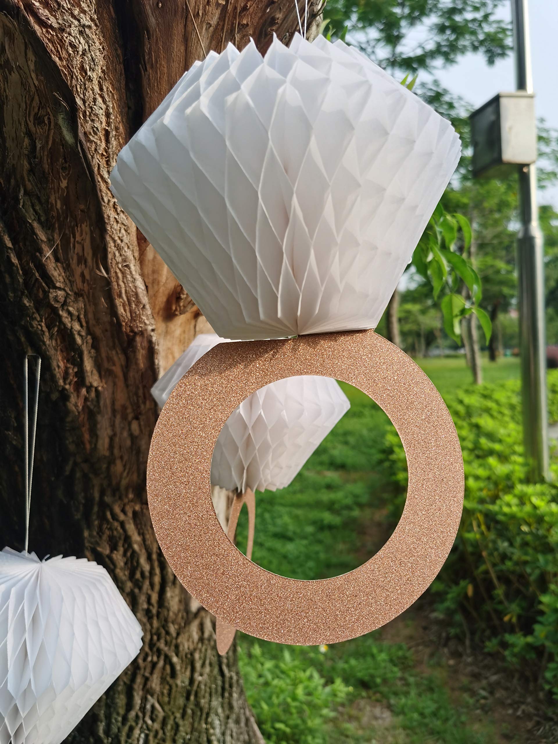 Rose Gold Glitter Diamond Ring Decorations (3pcs) - Elegant Bridal Shower & Engagement Party Supplies - Honeycomb Hanging Decor with Glittery Letters Banner - Perfect for Wedding, Anniversary & Romantic Celebrations