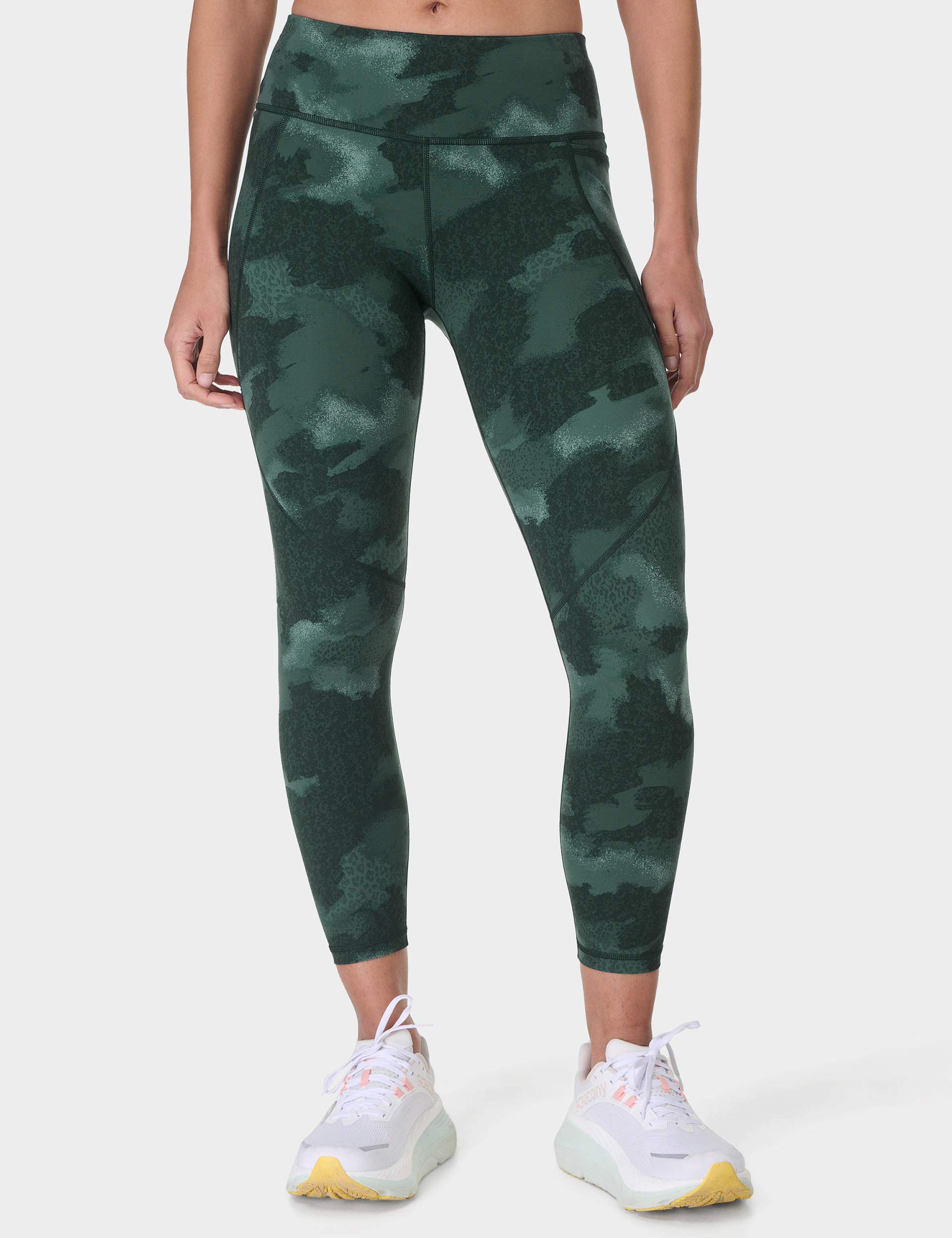 Power 7/8 Gym Leggings for Women - Green Terrain Camo Print High Waist Yoga Pants - Moisture Wicking Workout Leggings for Running, Yoga & Fitness Training