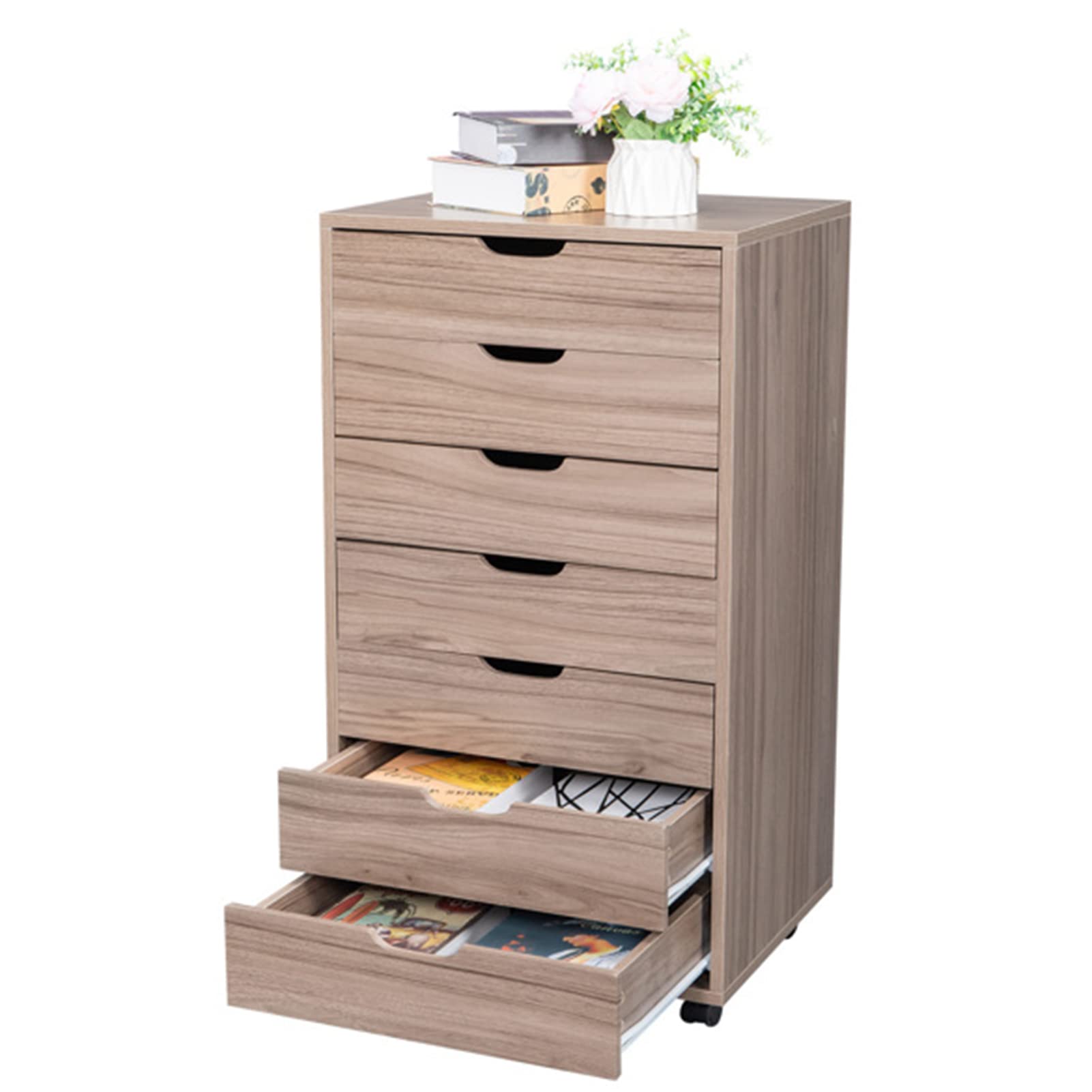 Portable 7-Drawer Wooden File Cabinet with Wheels - Vertical Storage Organizer for Home Office, Makeup, Art Supplies | Industrial Style Oak Dresser | Easy Assembly | Perfect for Small Spaces & Craft Rooms