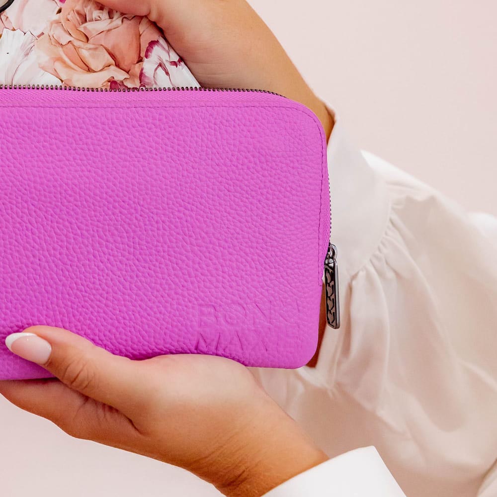 Premium Genuine Leather Phone Wallet Pouch with RFID Protection - Fuchsia Pink for Women | Slim Card Holder & Phone Case Combo | Perfect for Everyday Use, Travel, and Gift Giving