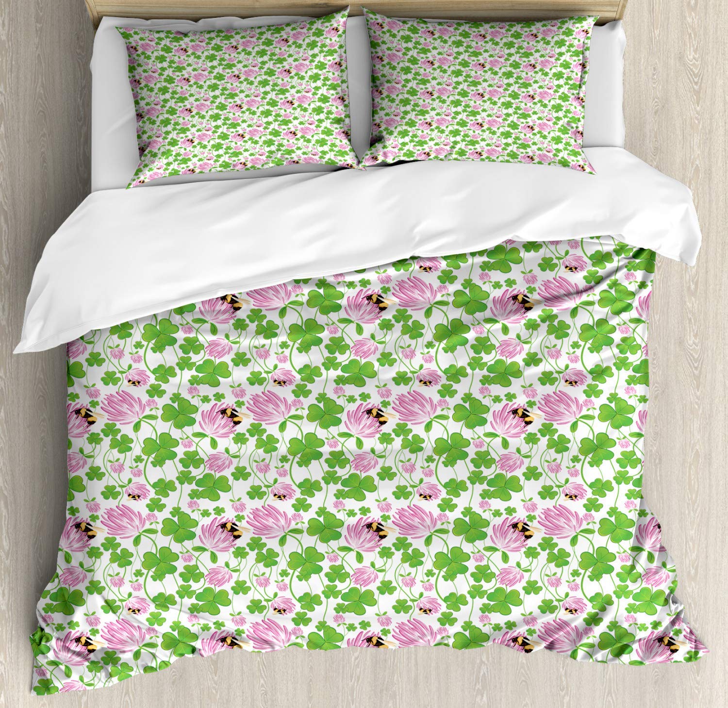 3-Piece Spring Bumblebee & Clover Flower Duvet Cover Set - Twin Size Bedding for Kids, Teens & Adults (Lime Green, Pink, Mustard, Charcoal Grey) | Soft & Breathable Cotton Quilt Cover + 2 Pillowcases | Perfect for Spring Bedroom Decor, Guest Rooms & Dorm Essentials