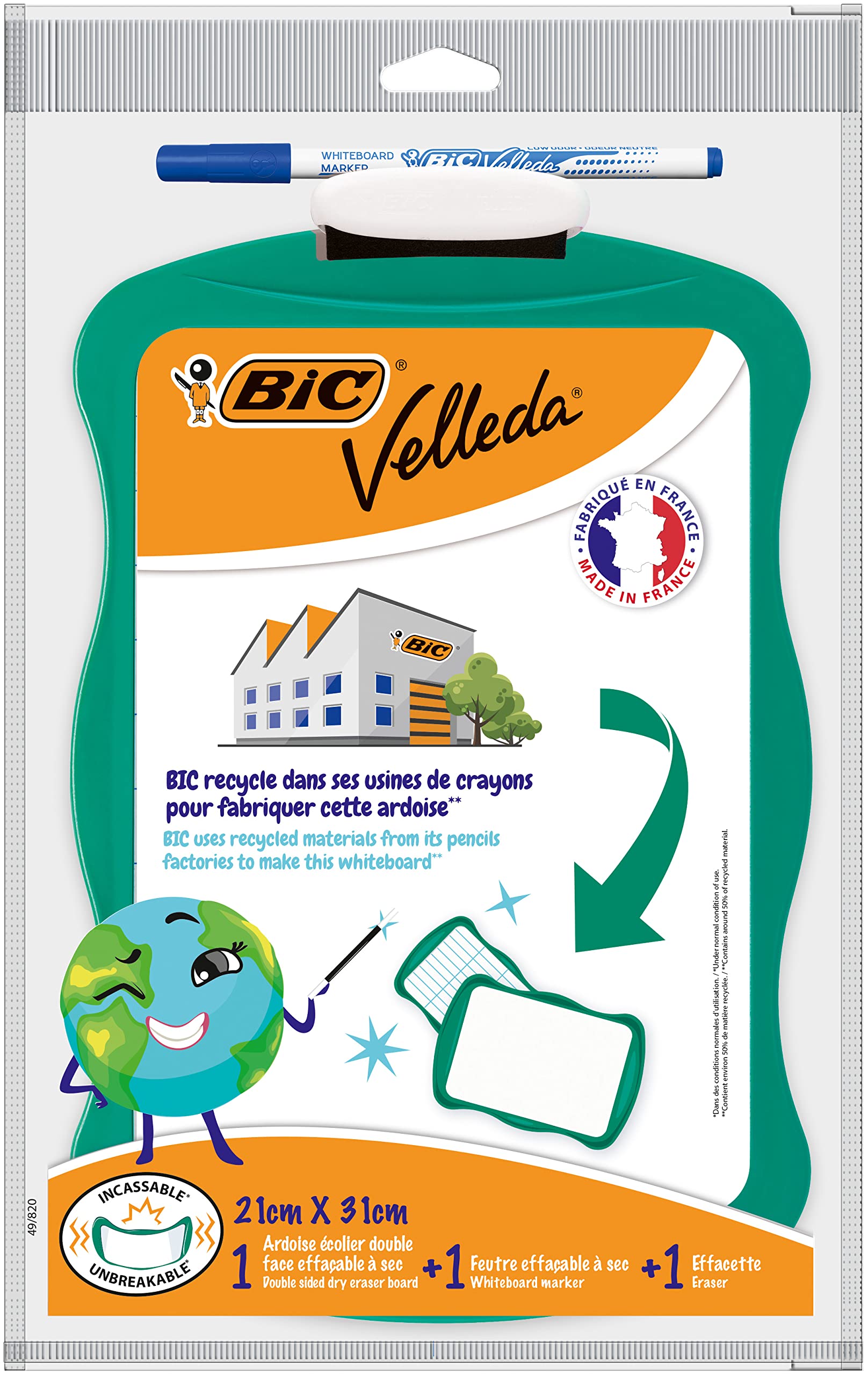 BIC Velleda 3-Piece Whiteboard Set - 1 Board (21 x 31 cm), 1 Blue Dry Erase Marker & 1 Whiteboard Eraser - Perfect for Home, Office & Classroom Organization